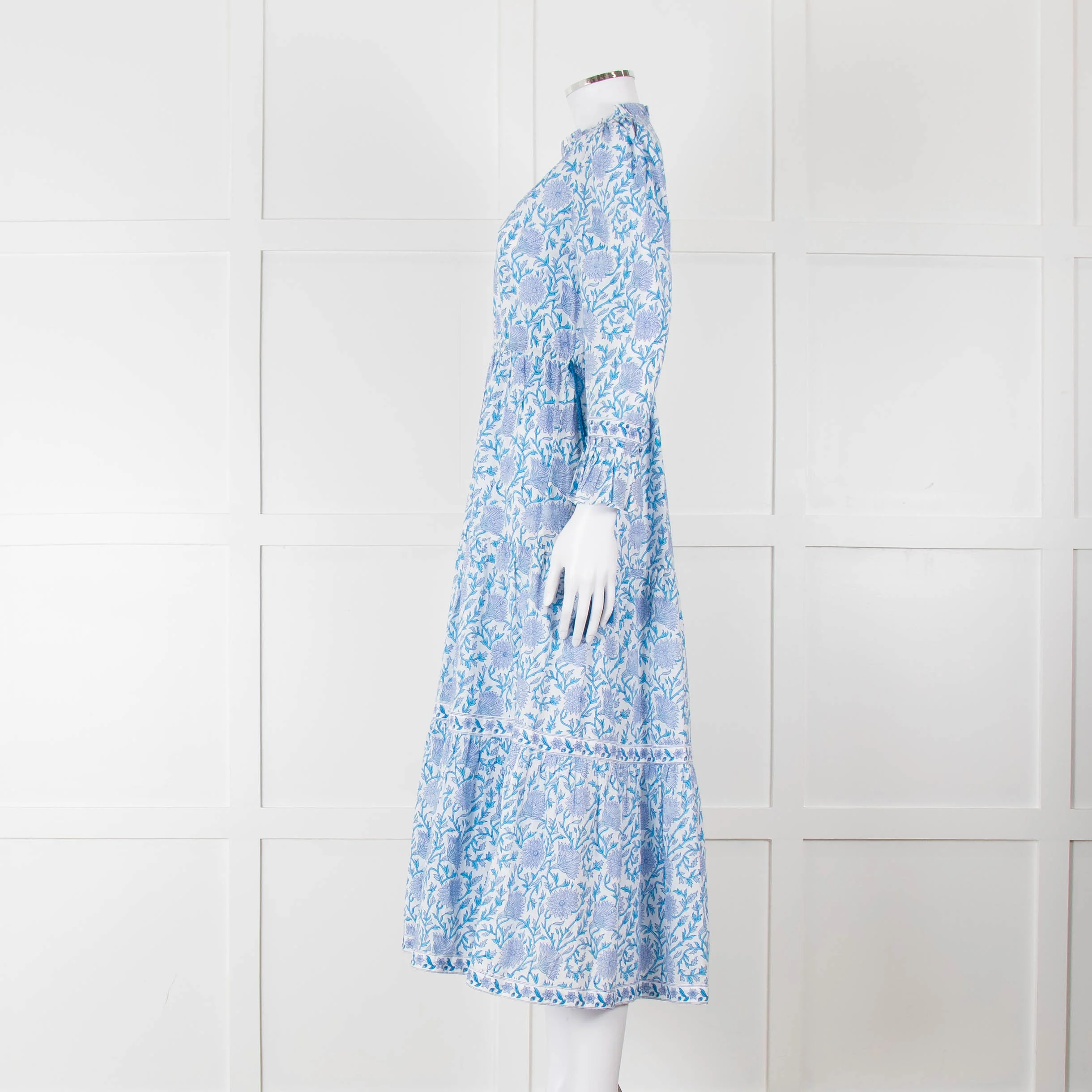 Pink City Prints White Blue Floral Cotton Tiered Midi Dress - Image 7