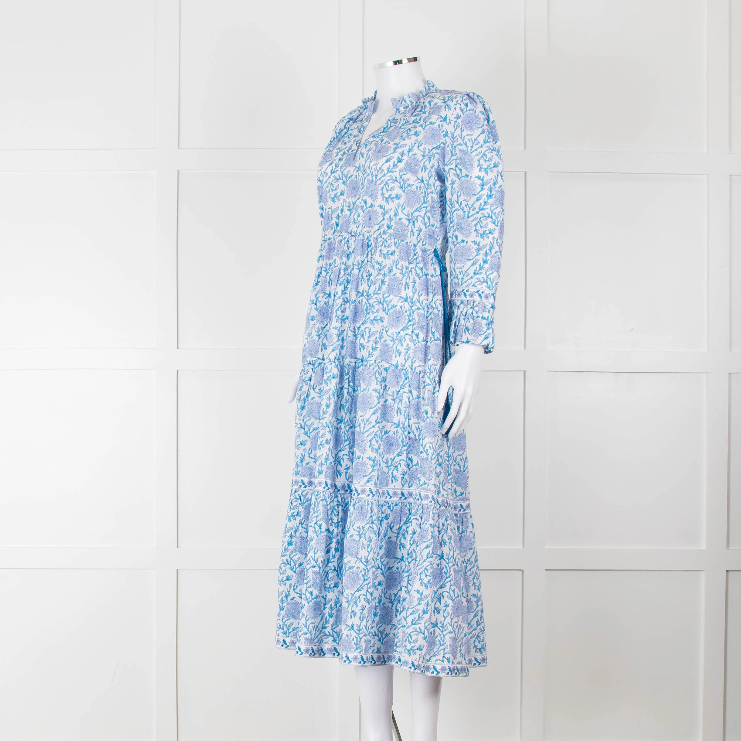 Pink City Prints White Blue Floral Cotton Tiered Midi Dress - Image 8