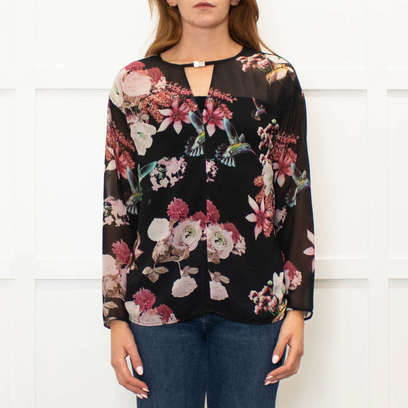 Pinko Black Pink Floral Sheer Long Sleeve Blouse - Image 2