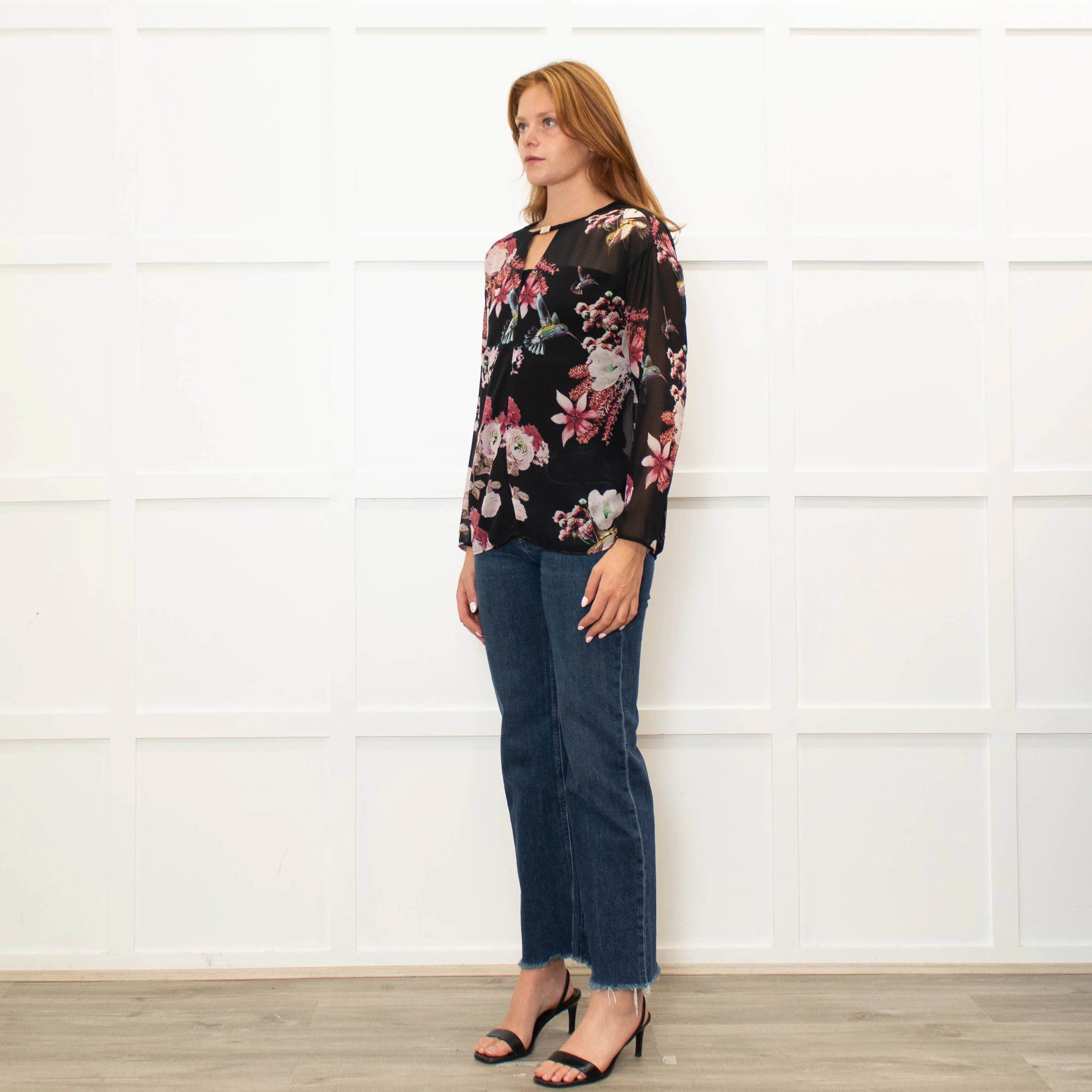 Pinko Black Pink Floral Sheer Long Sleeve Blouse - Image 3
