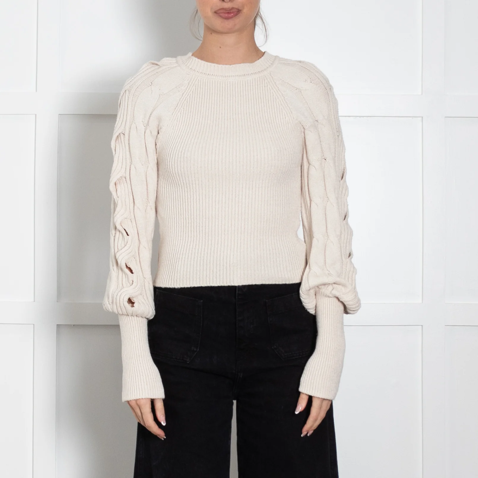Pinko Cream Jumper with Cable Knit Sleeves - Image 2
