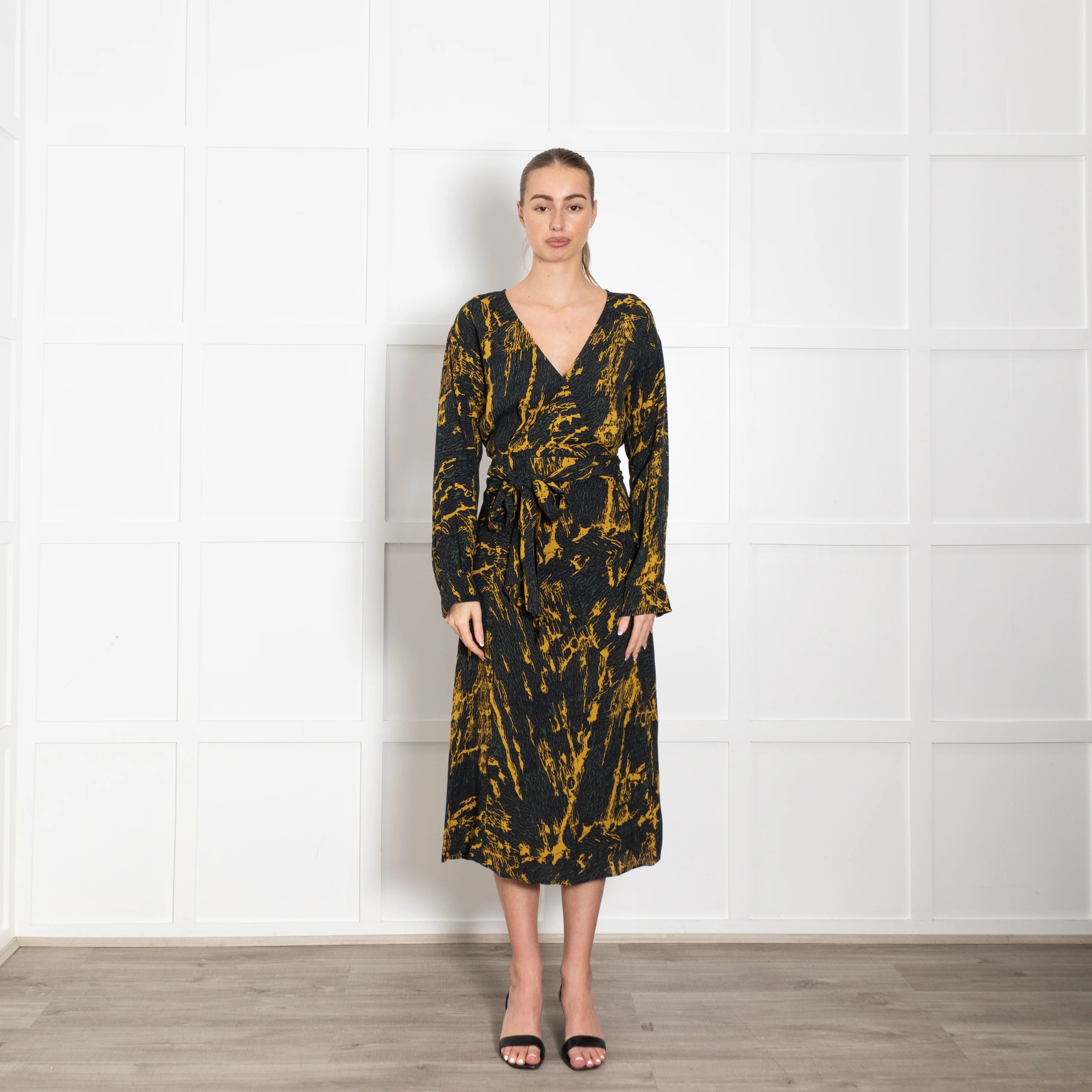 Pinko Green And Yellow Wrap Tie Long Sleeve Dress