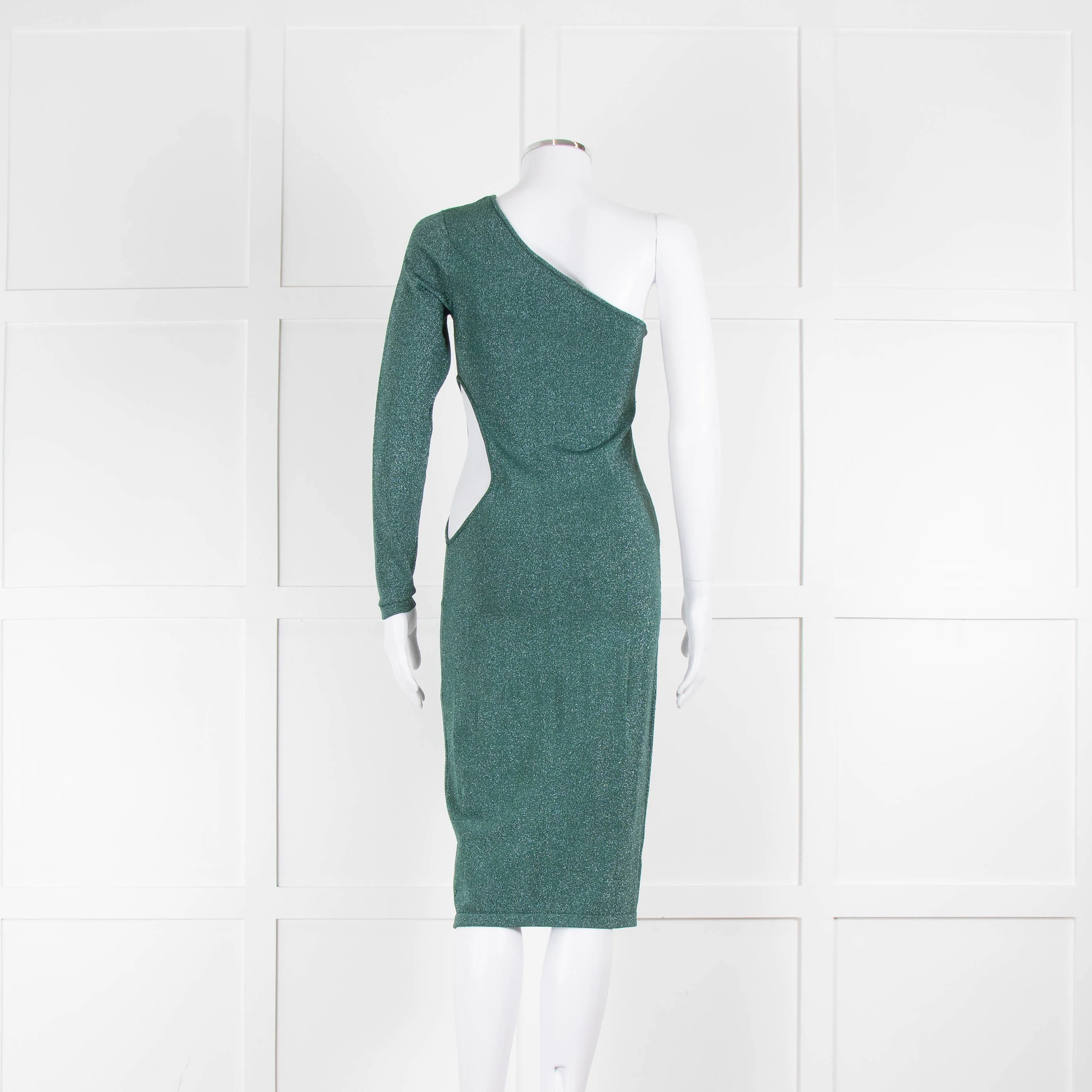 Pinko Green Lurex Cut Out One Sleeve Dress - Image 3