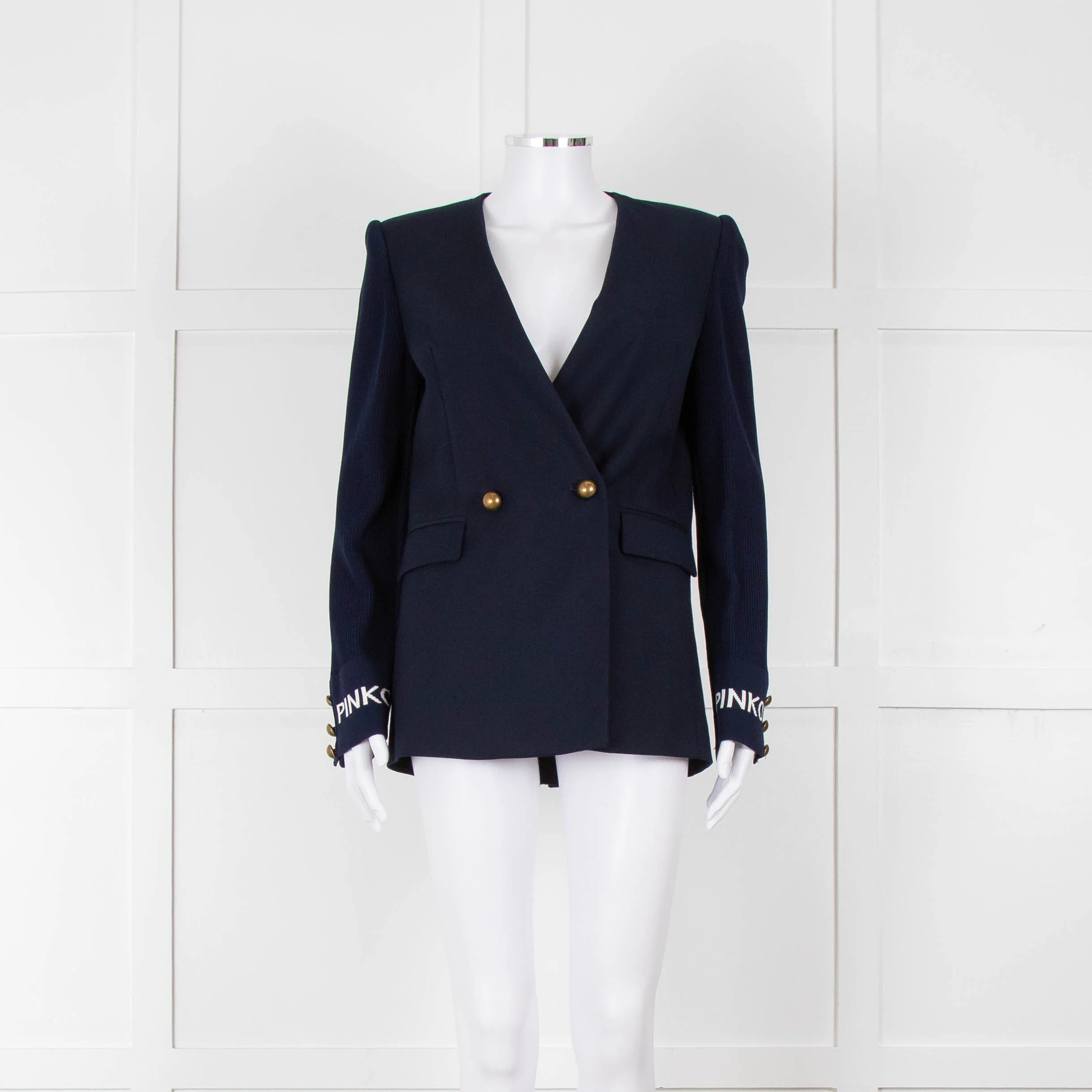 Pinko Navy Gold Button knitted Sleeves Blazer