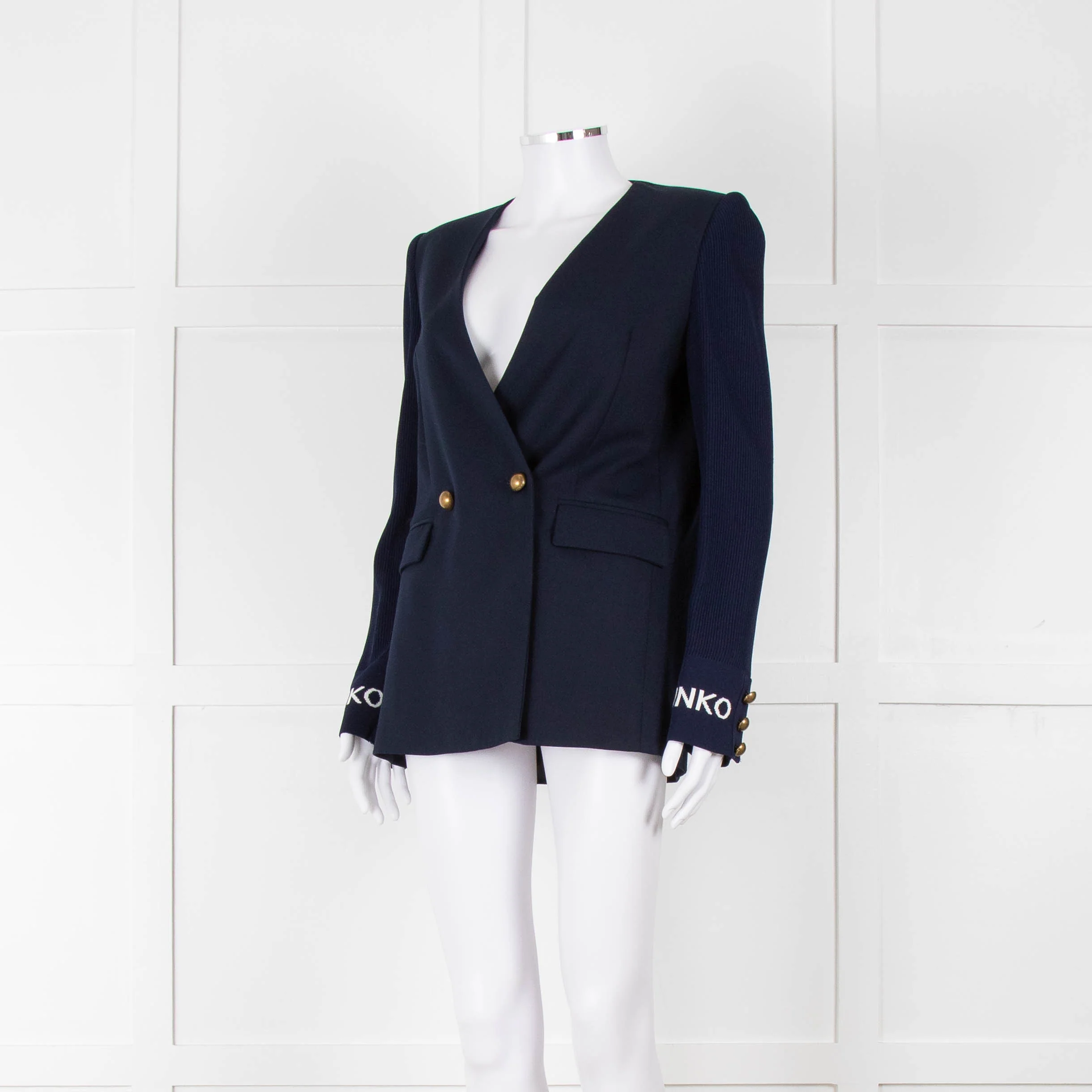 Pinko Navy Gold Button knitted Sleeves Blazer - Image 8