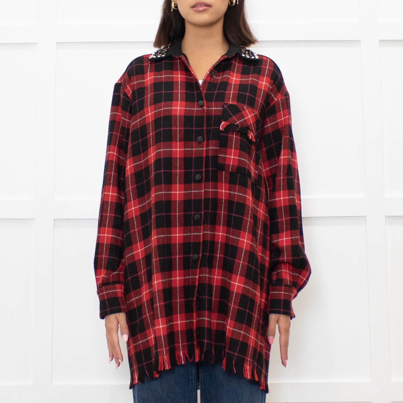 Pinko Red Black Tartan Beaded Collar Shirt - Image 2