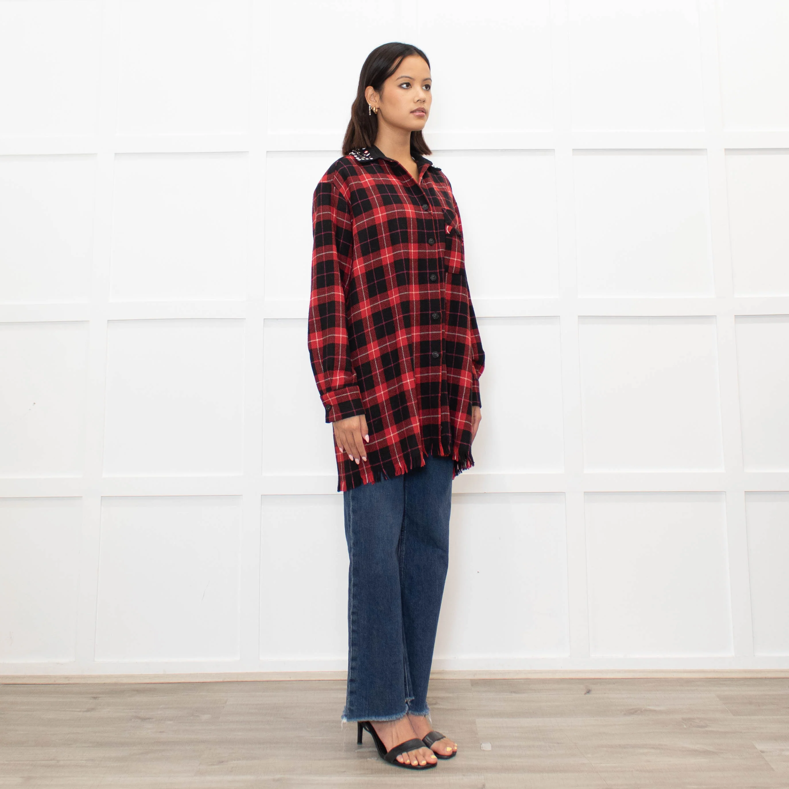 Pinko Red Black Tartan Beaded Collar Shirt - Image 3