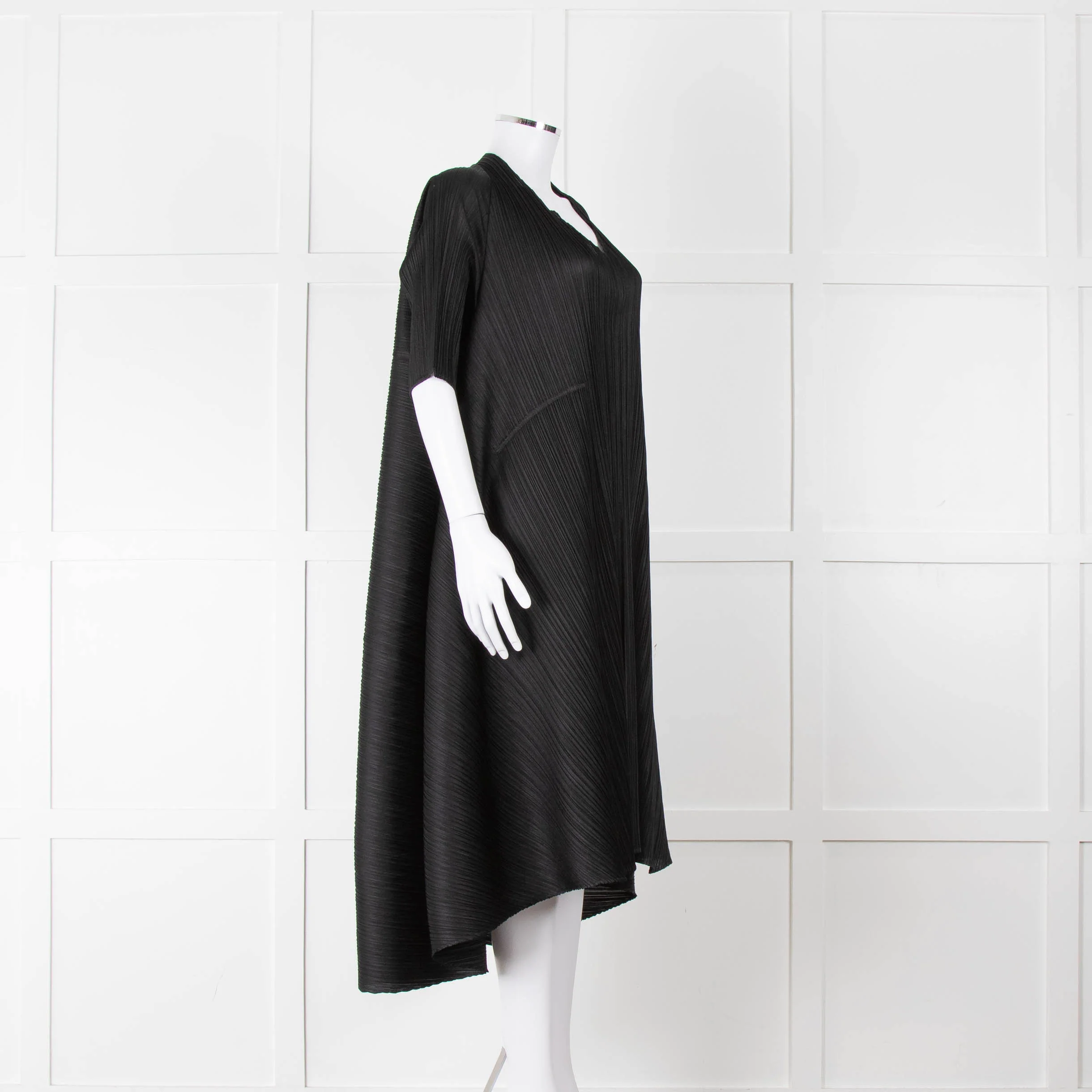 Pleats Please Black Plisse V Neck Dress with Short Sleeves - Image 2