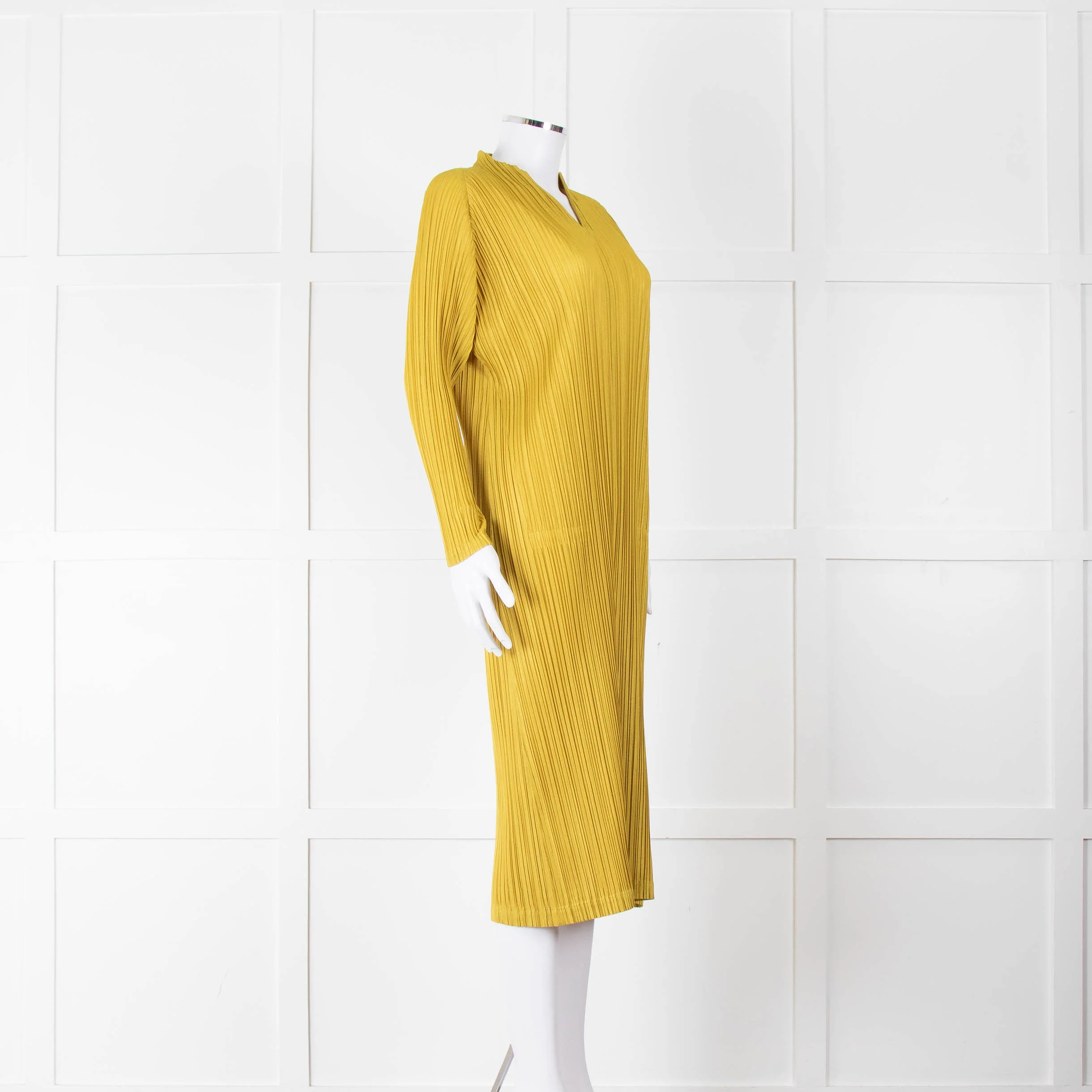 Pleats Please Moss Green V- Neck Plisse Dress - Image 2