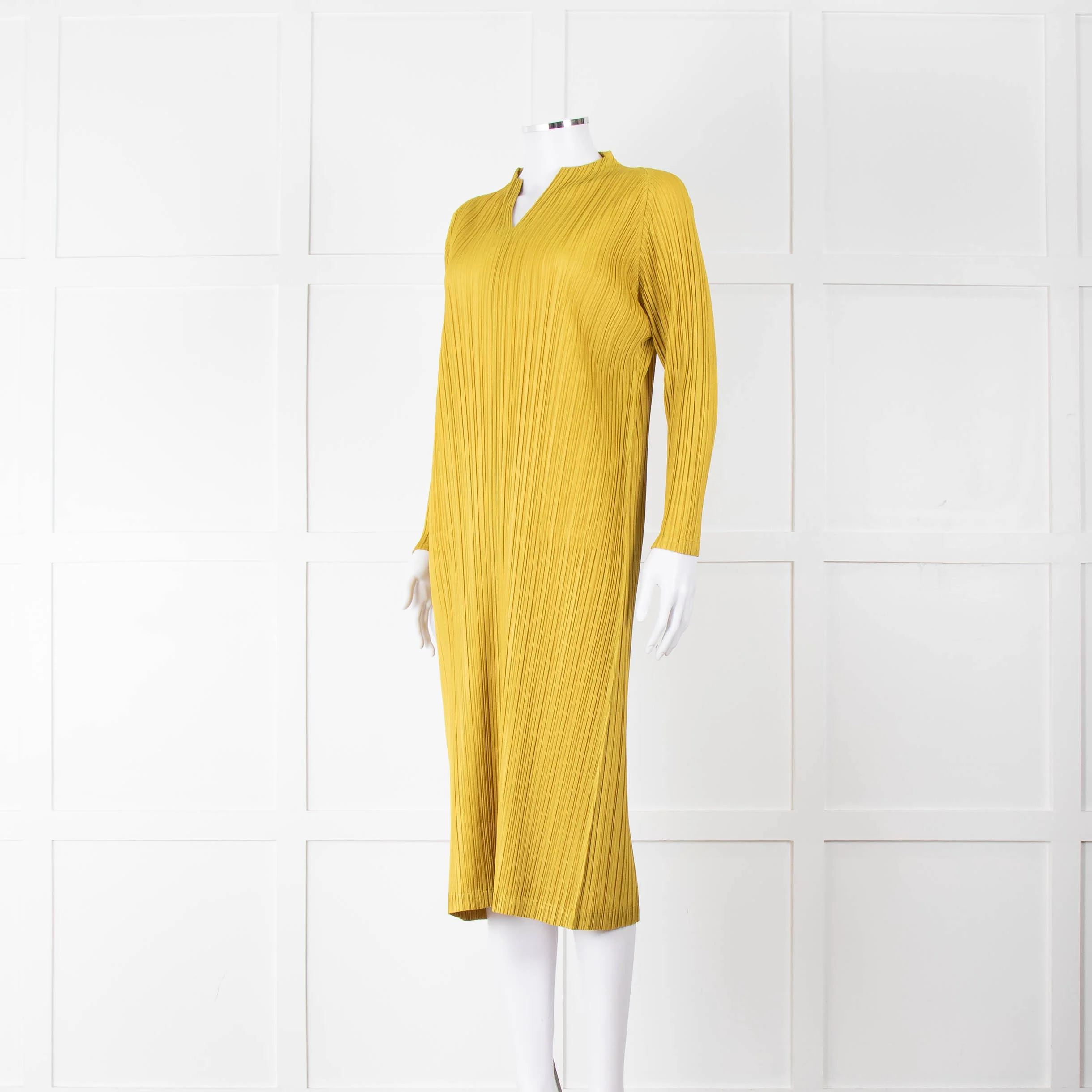 Pleats Please Moss Green V- Neck Plisse Dress - Image 8