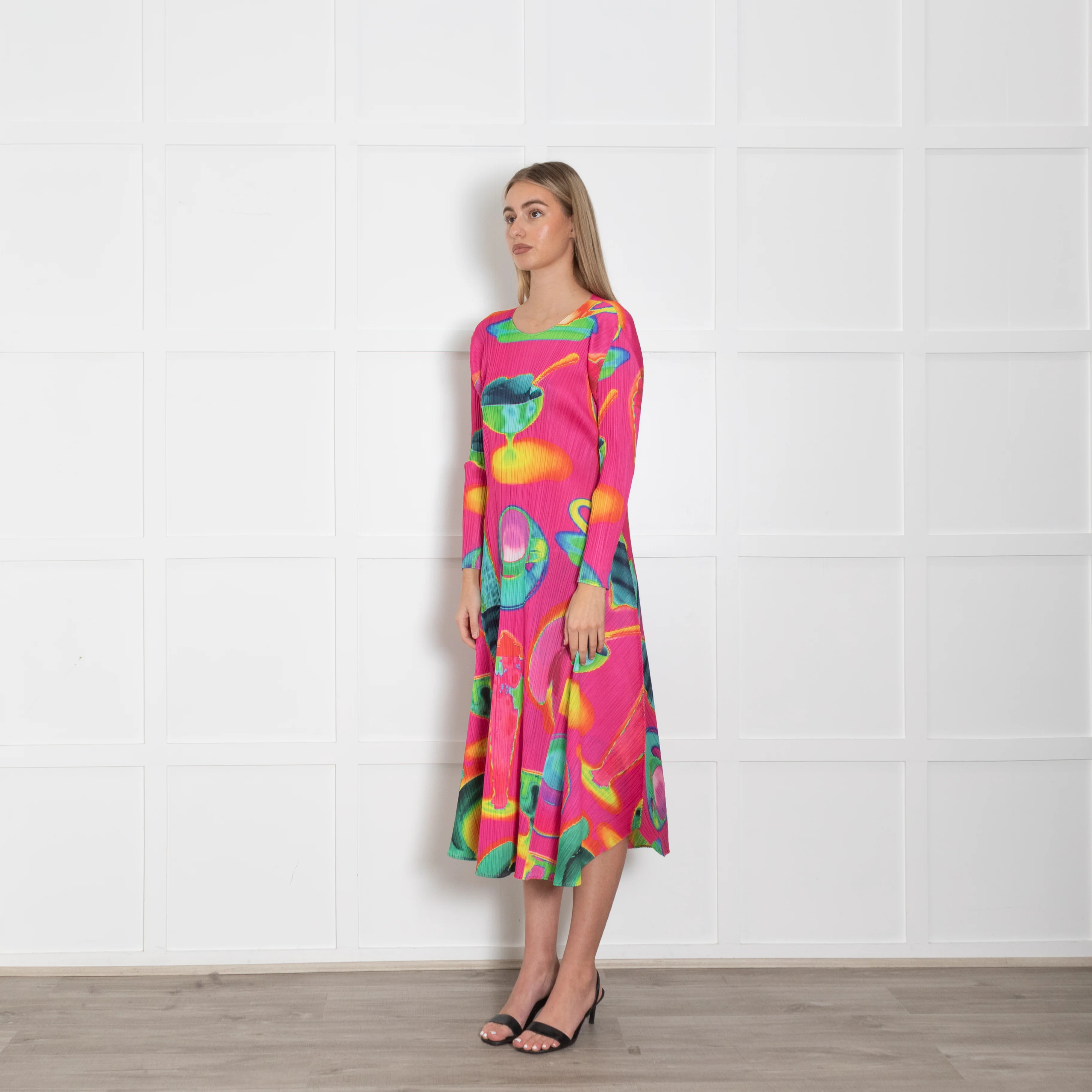 Pleats Please Pink Multi Colour Thermal Foods Print Dress - Image 3