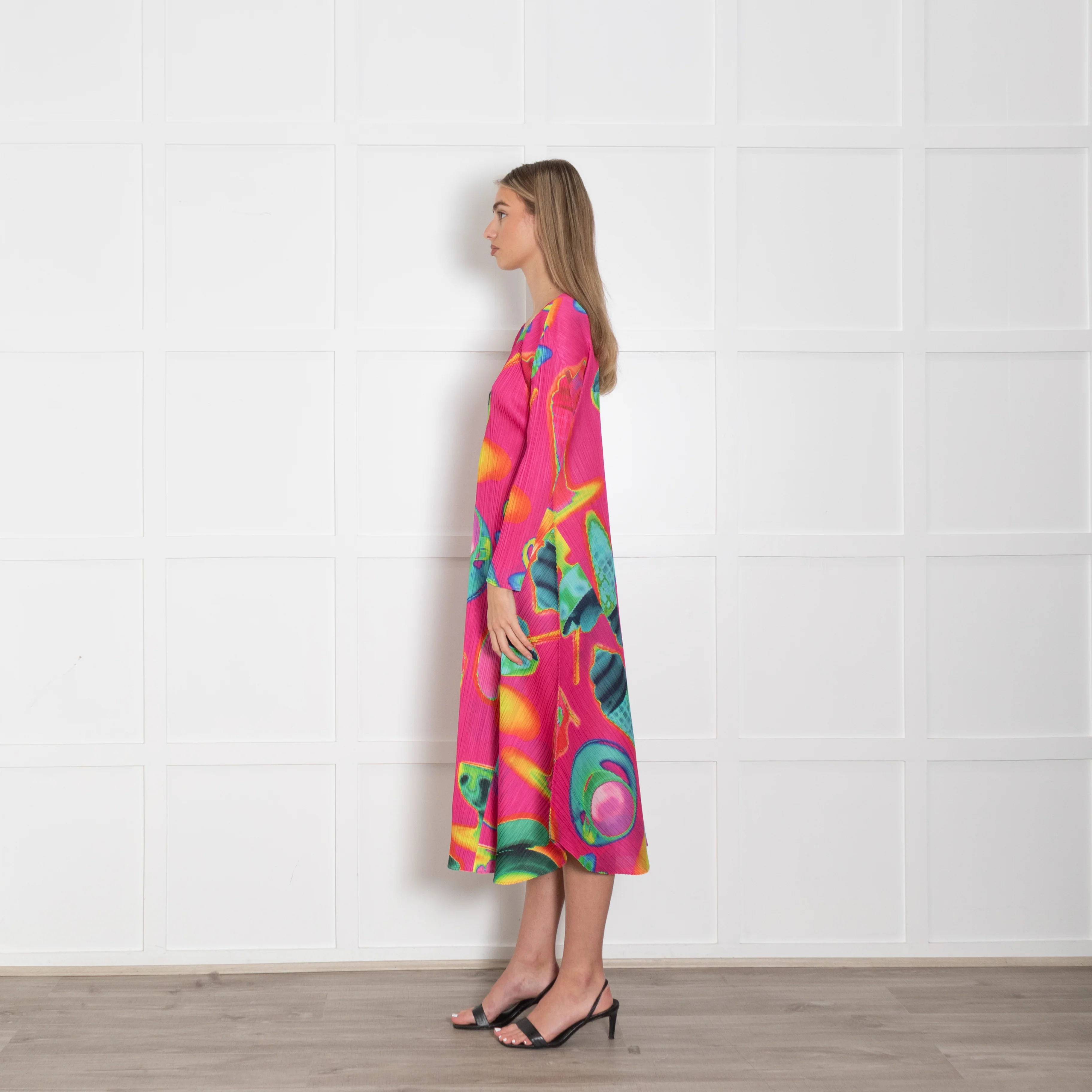 Pleats Please Pink Multi Colour Thermal Foods Print Dress - Image 4