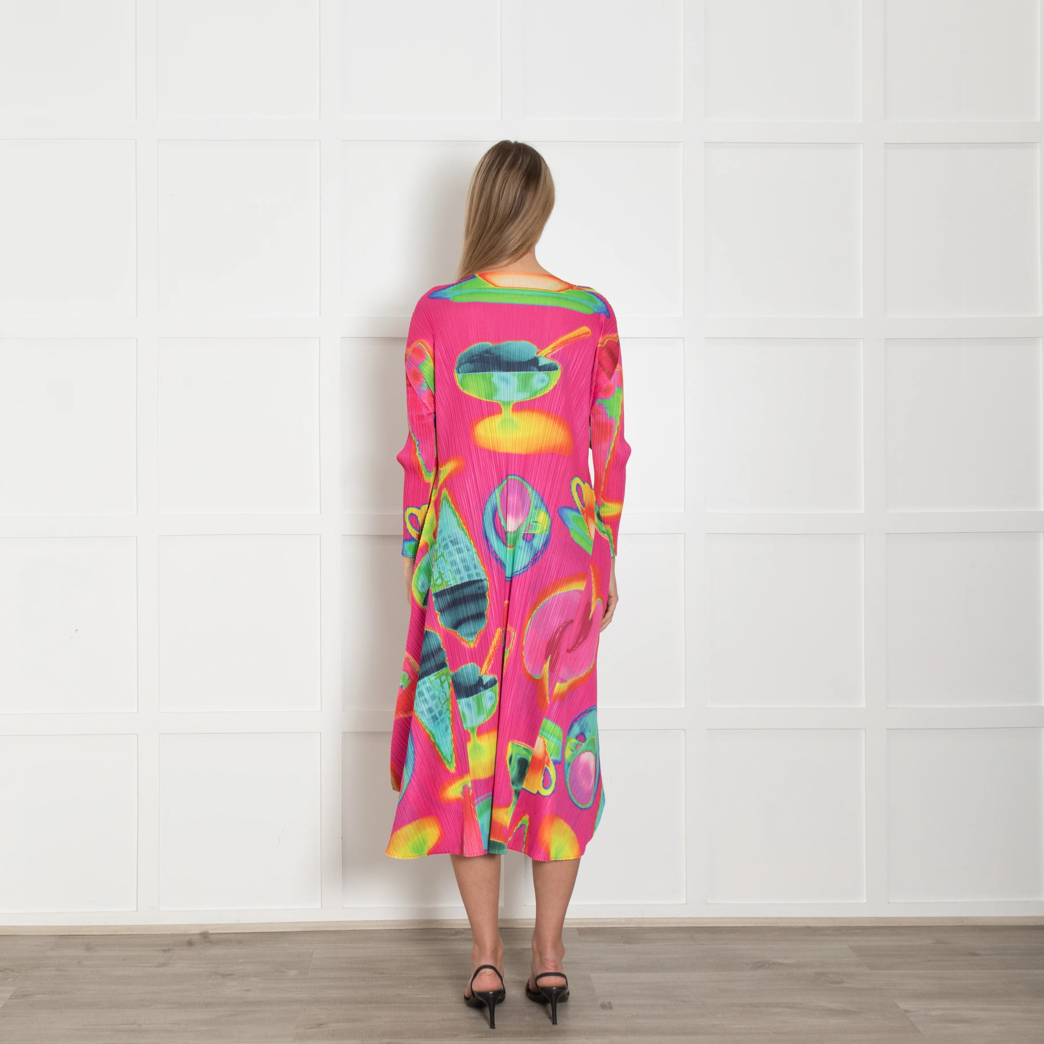Pleats Please Pink Multi Colour Thermal Foods Print Dress - Image 5