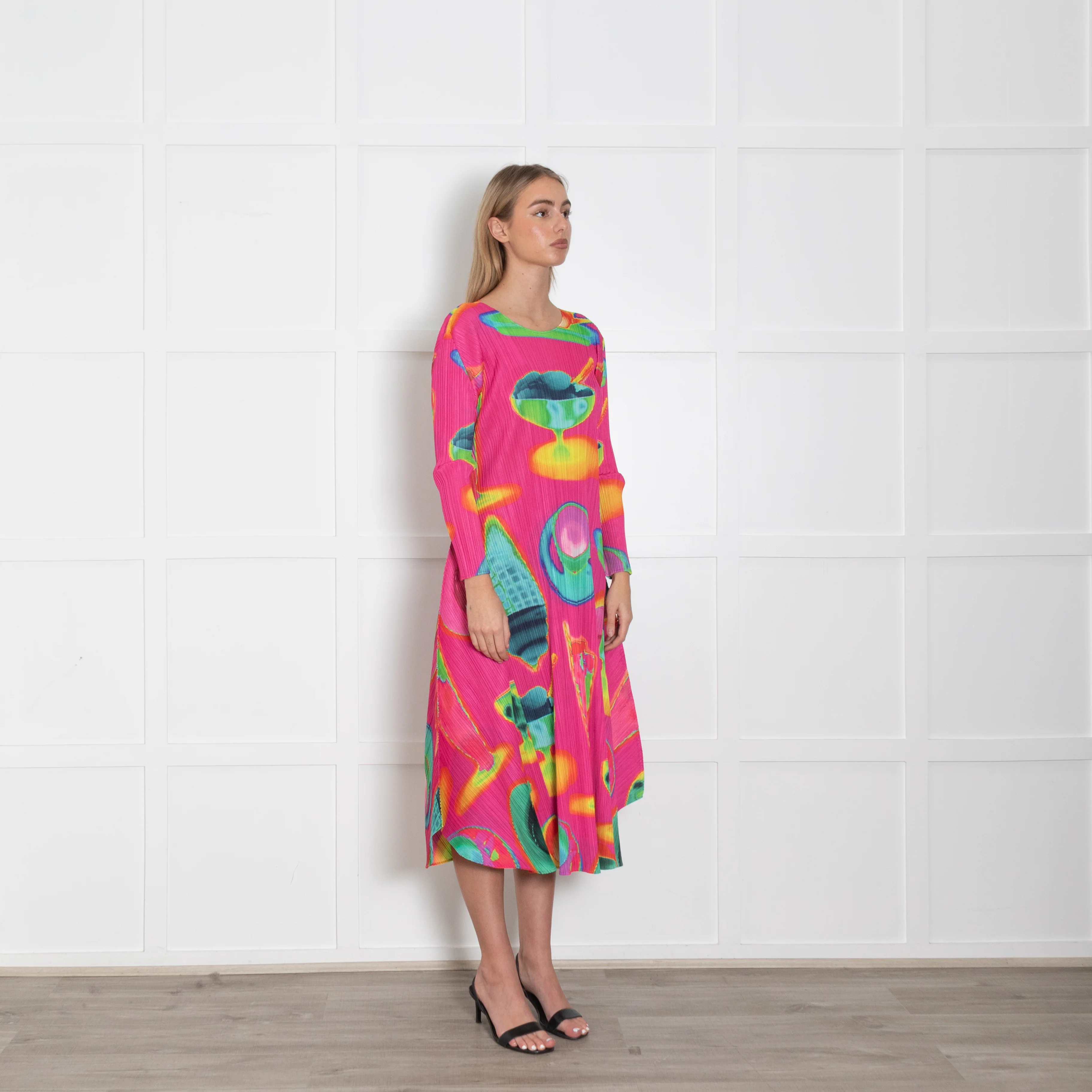 Pleats Please Pink Multi Colour Thermal Foods Print Dress - Image 7