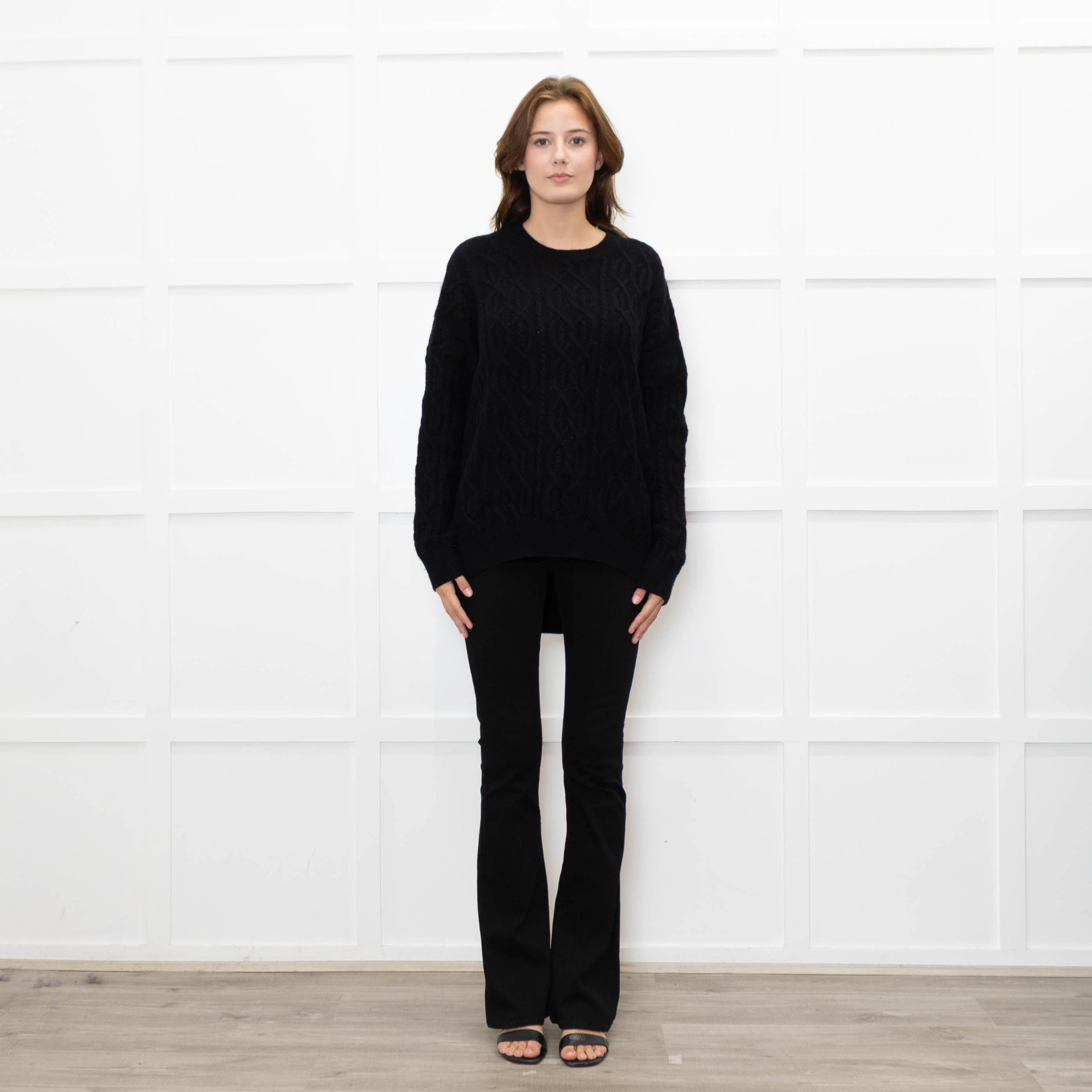 Podeny Black Wool & Cashmere Mix Cable Knit Crew Neck Jumper