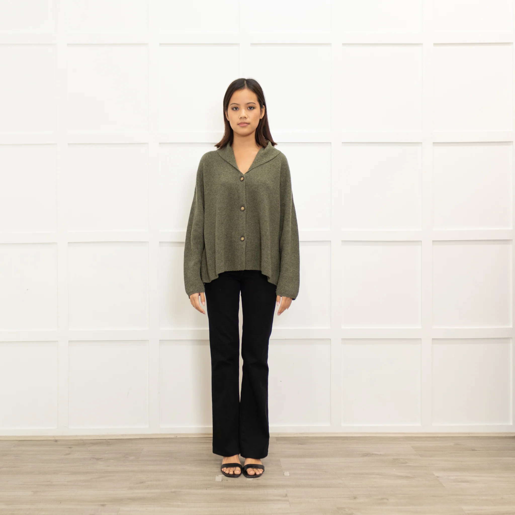 Poetry Khaki Cashmere Shawl Collar Cardigan