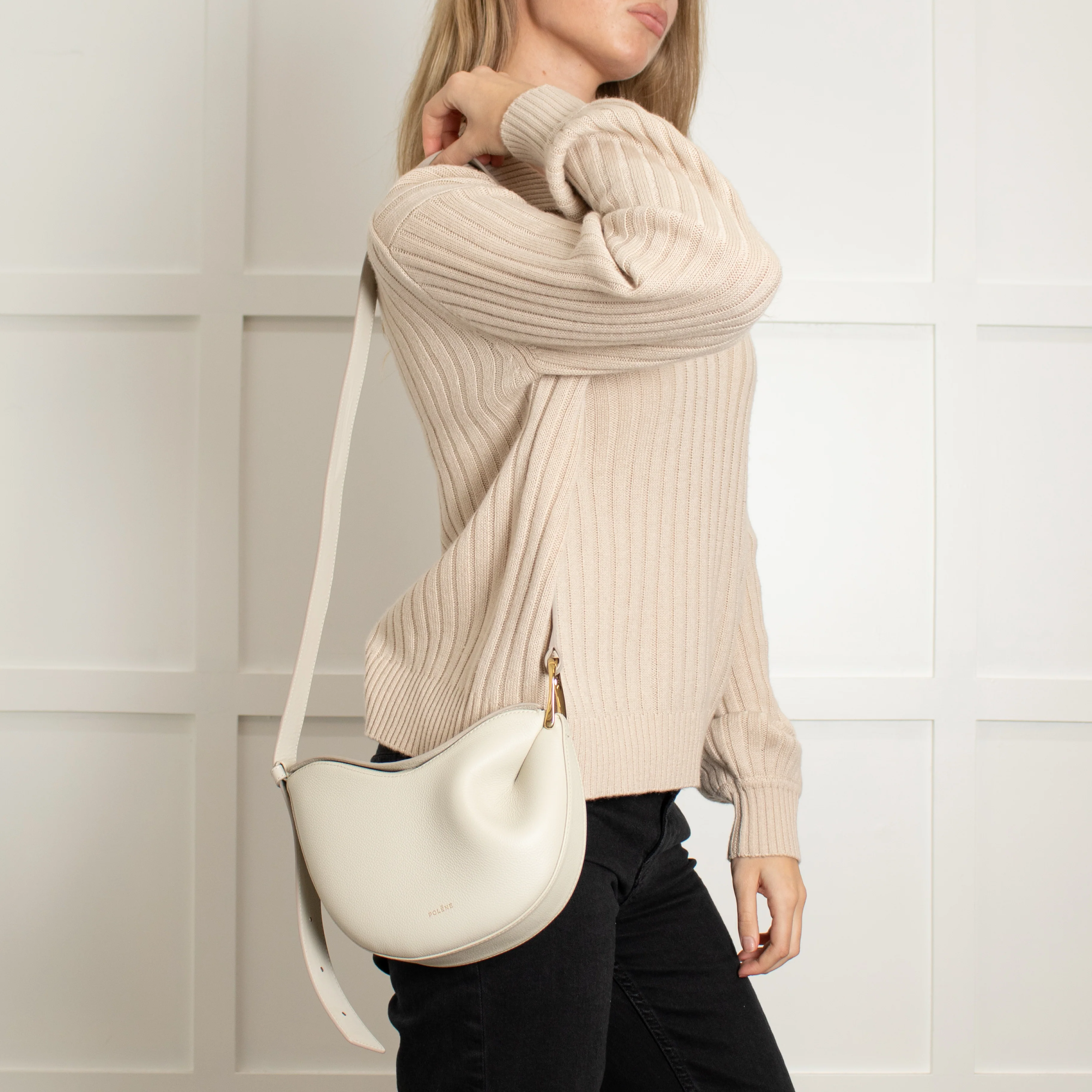 Polene Cream Grainy Leather Tonca Crossbody Bag - Image 4