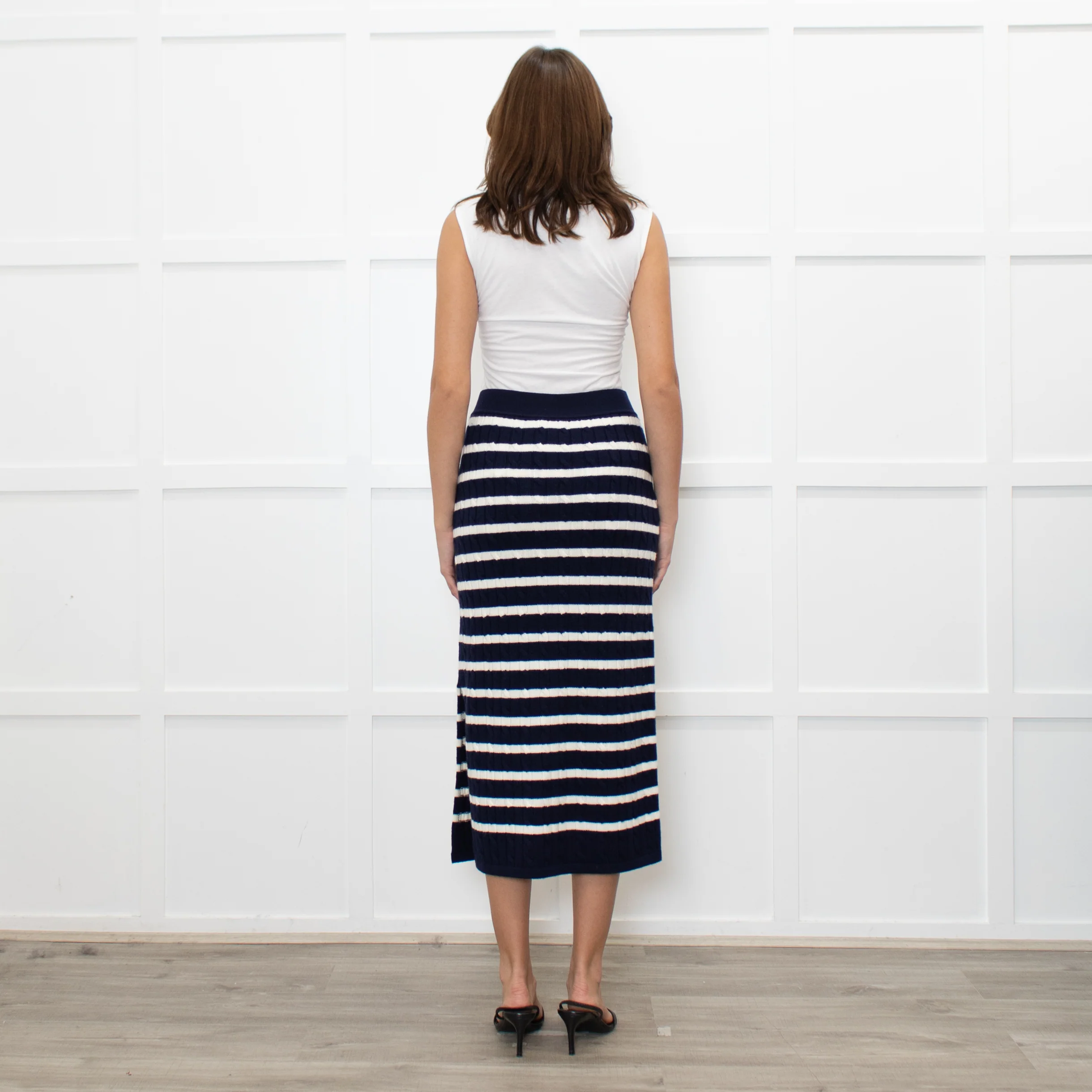 Polo Ralph Lauren Navy White Striped Cable- Knit Midi Skirt - Image 6