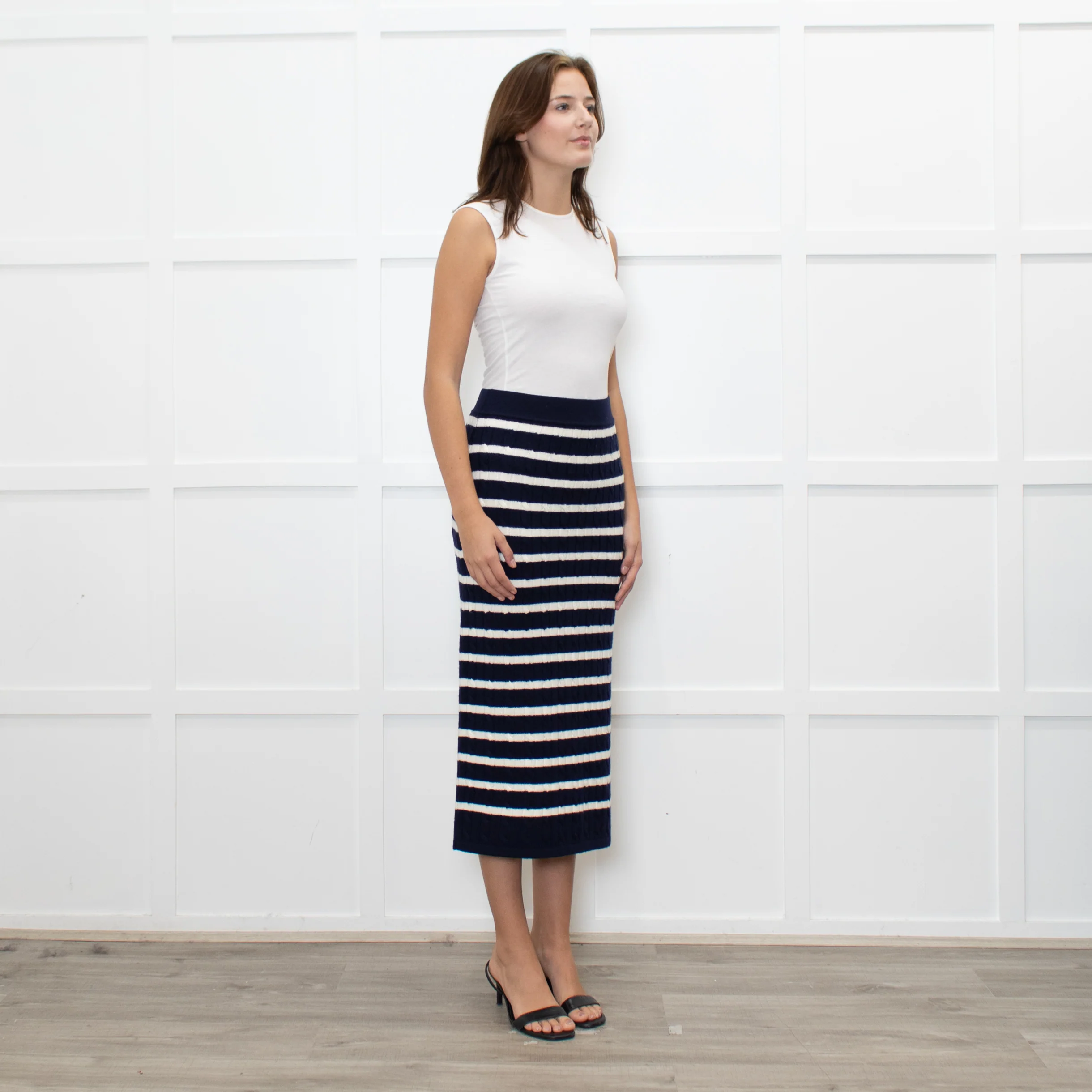 Polo Ralph Lauren Navy White Striped Cable- Knit Midi Skirt - Image 8