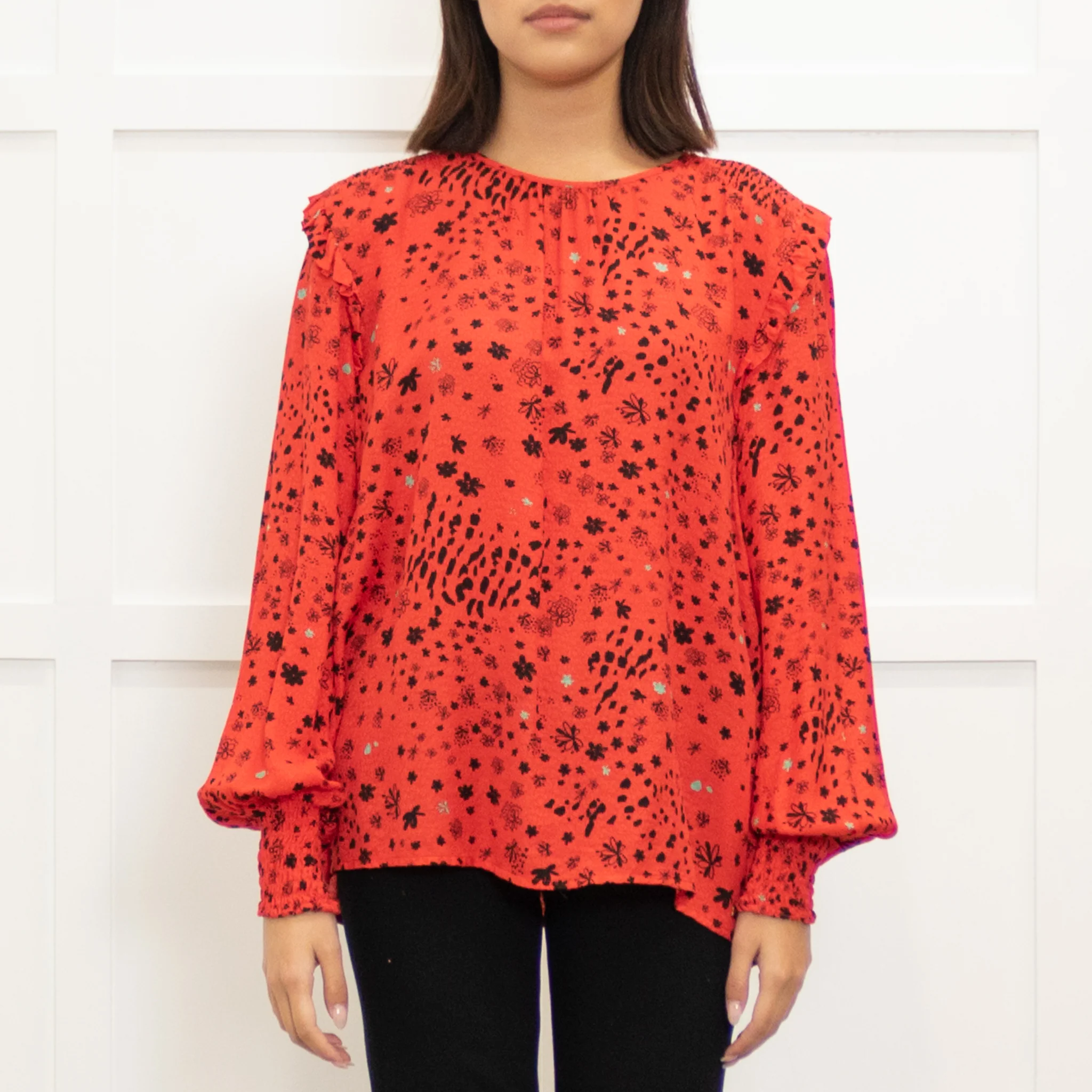 Pom Amsterdam Red Blouse With Black & Grey Pattern With Ruched  Neck & Cuffs - Image 2