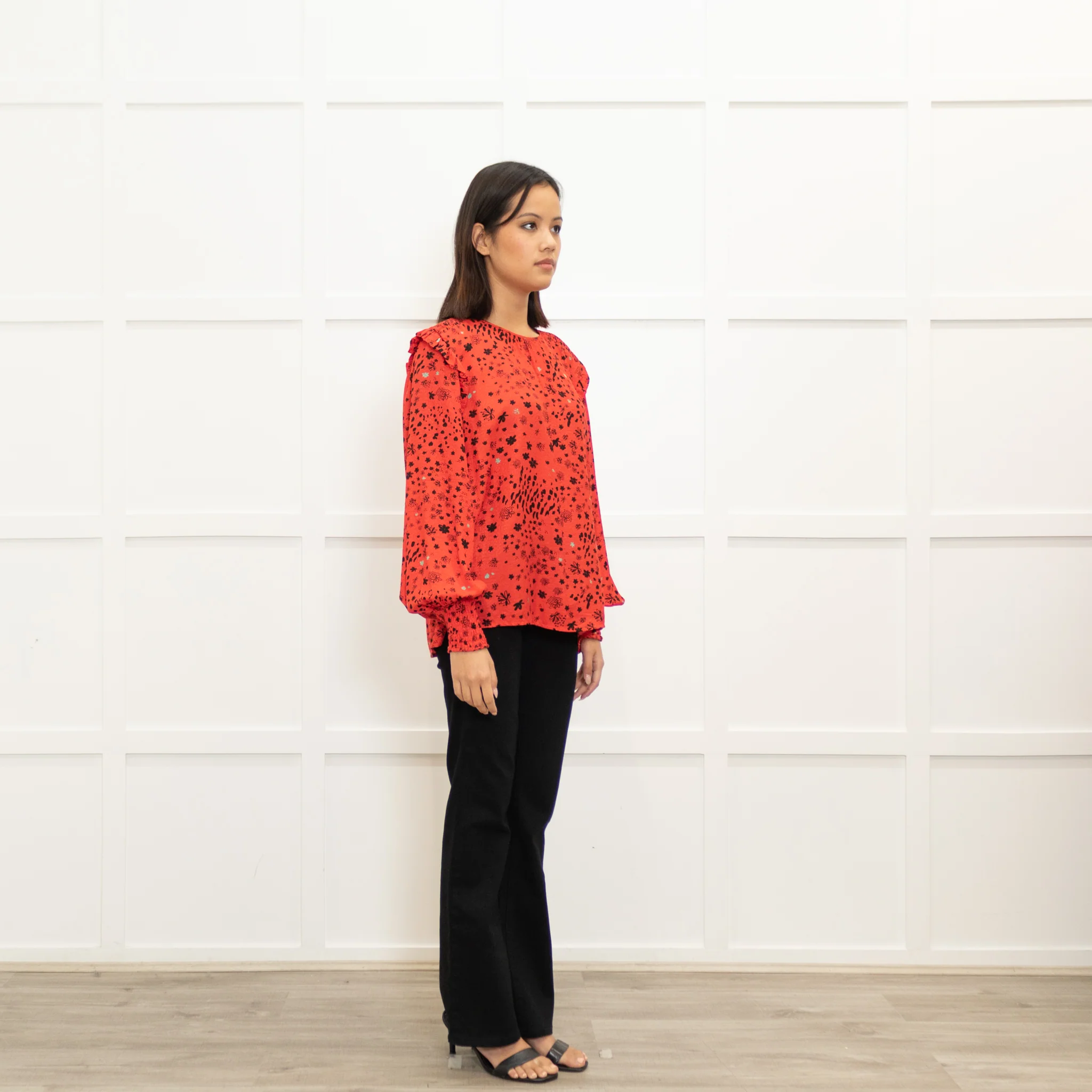 Pom Amsterdam Red Blouse With Black & Grey Pattern With Ruched  Neck & Cuffs - Image 3