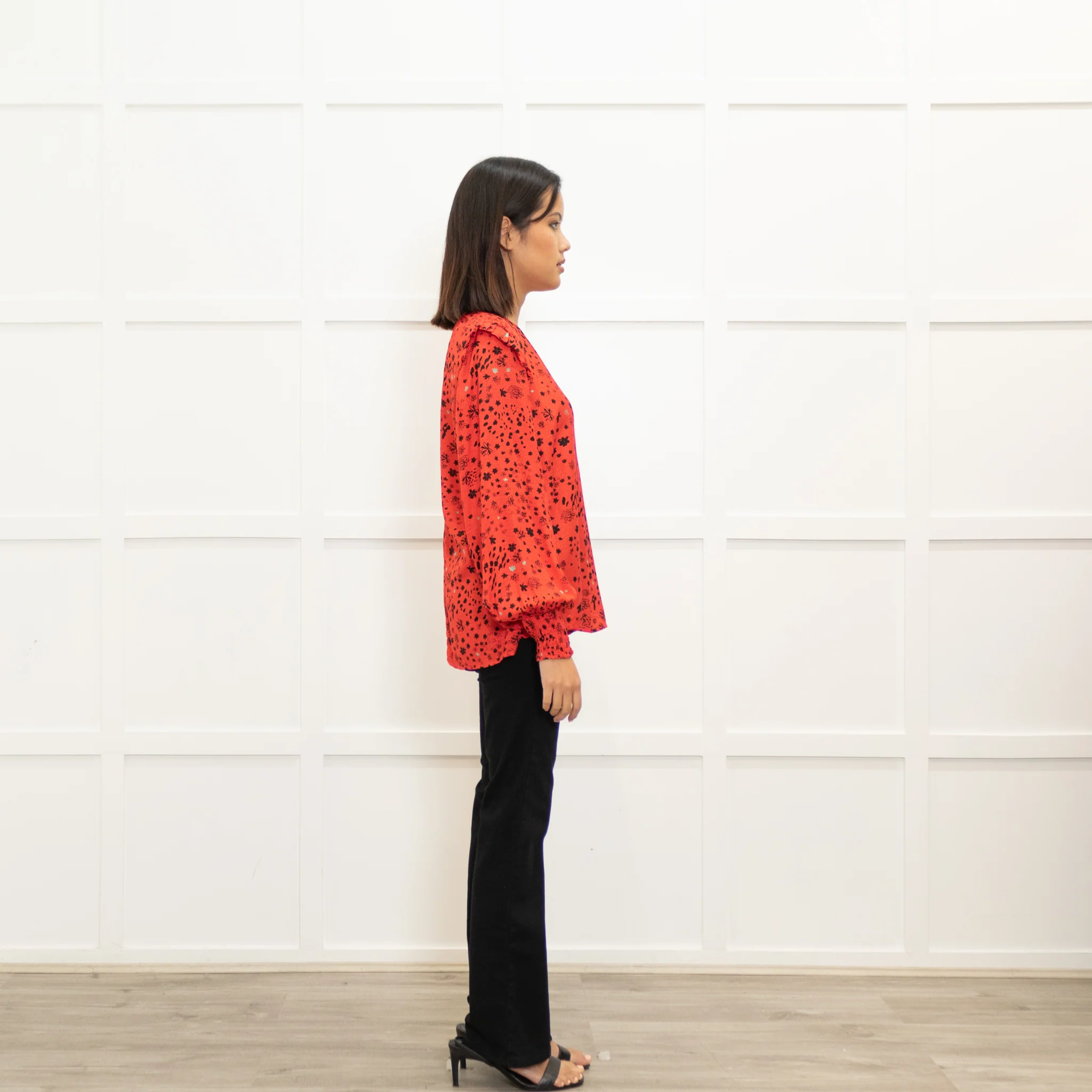 Pom Amsterdam Red Blouse With Black & Grey Pattern With Ruched  Neck & Cuffs - Image 4