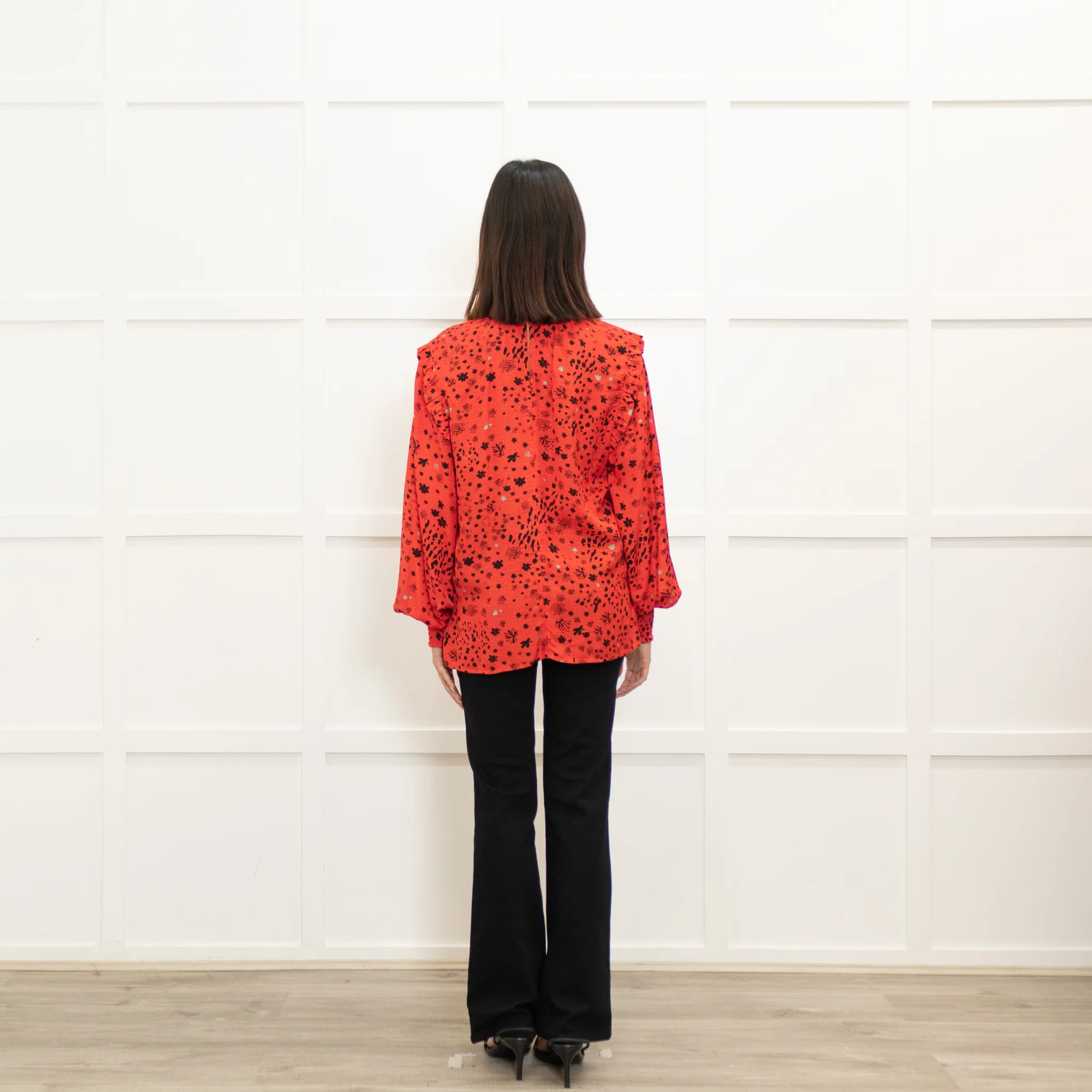 Pom Amsterdam Red Blouse With Black & Grey Pattern With Ruched  Neck & Cuffs - Image 5