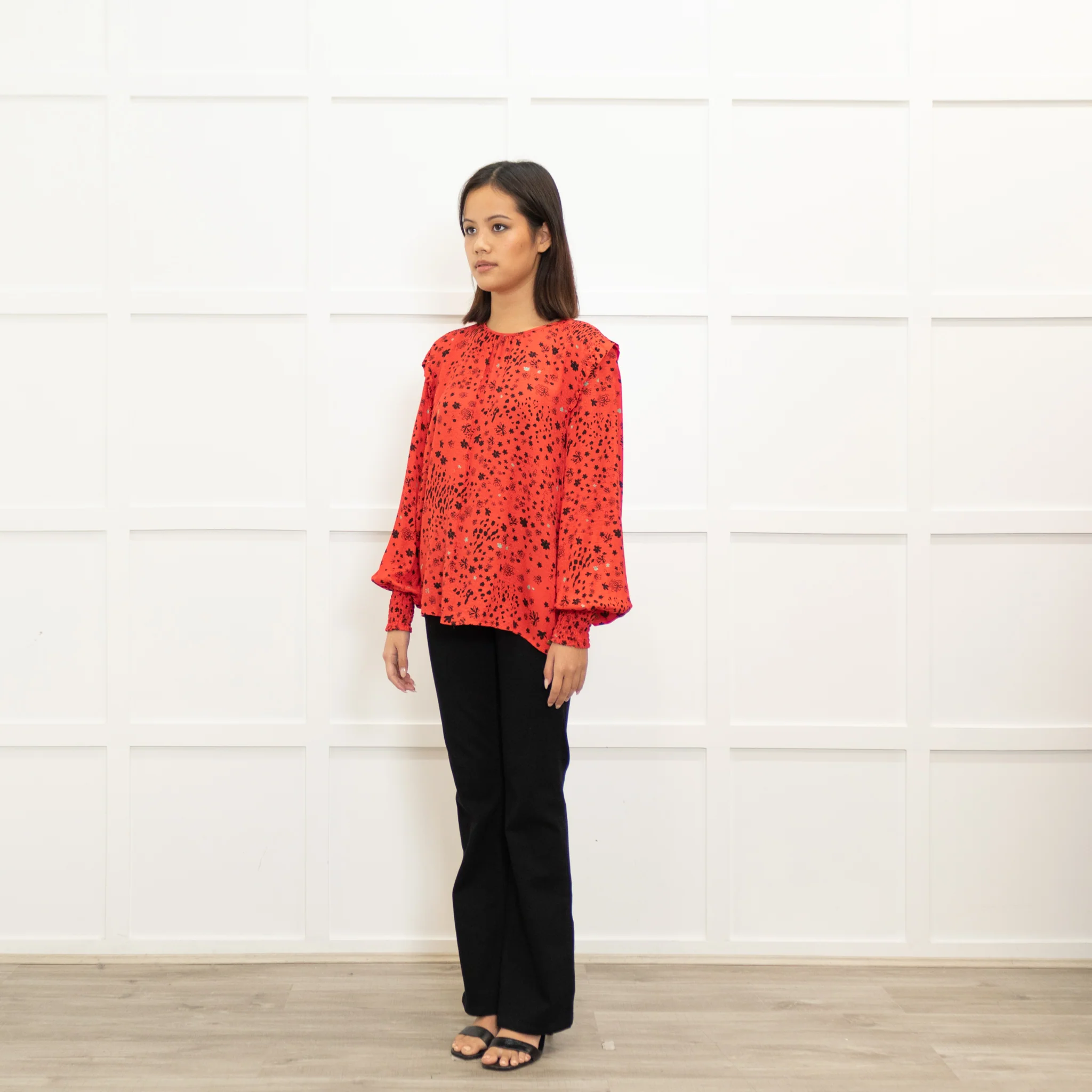 Pom Amsterdam Red Blouse With Black & Grey Pattern With Ruched  Neck & Cuffs - Image 7