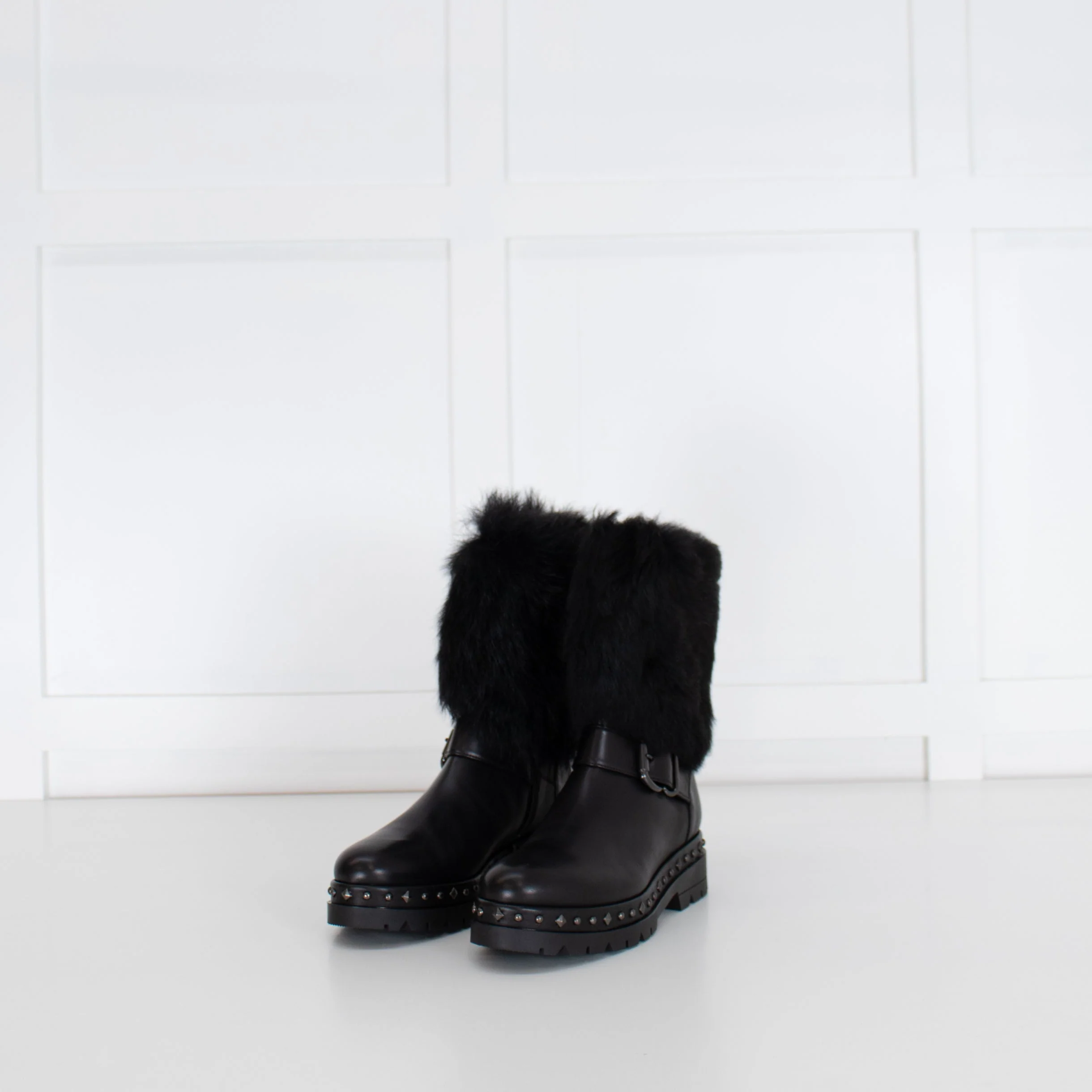 Pons Quintana Black Calf Length Boot With Fur Trim