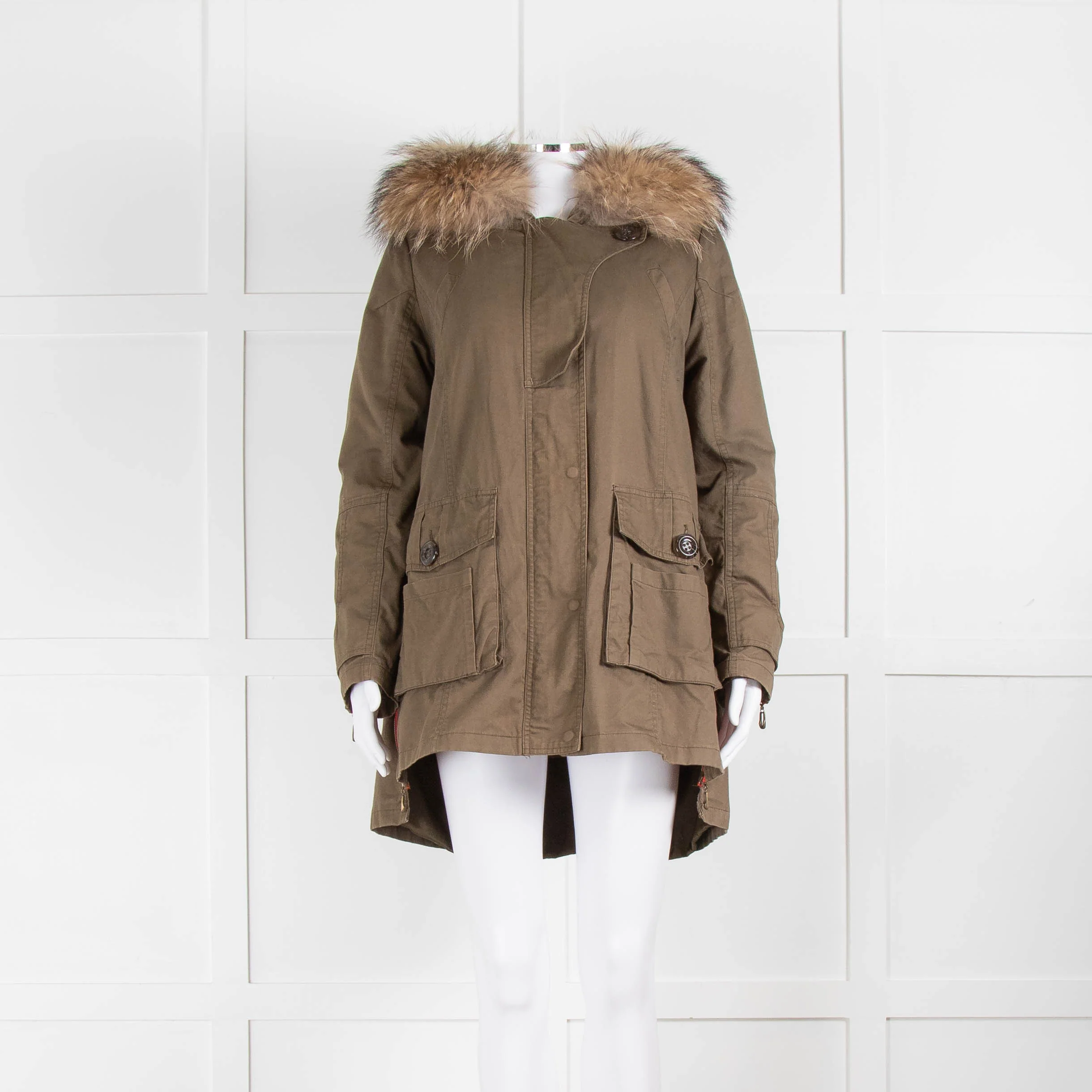 Popski London Khaki Parka With Detachable Lining And Fur Trim Hood