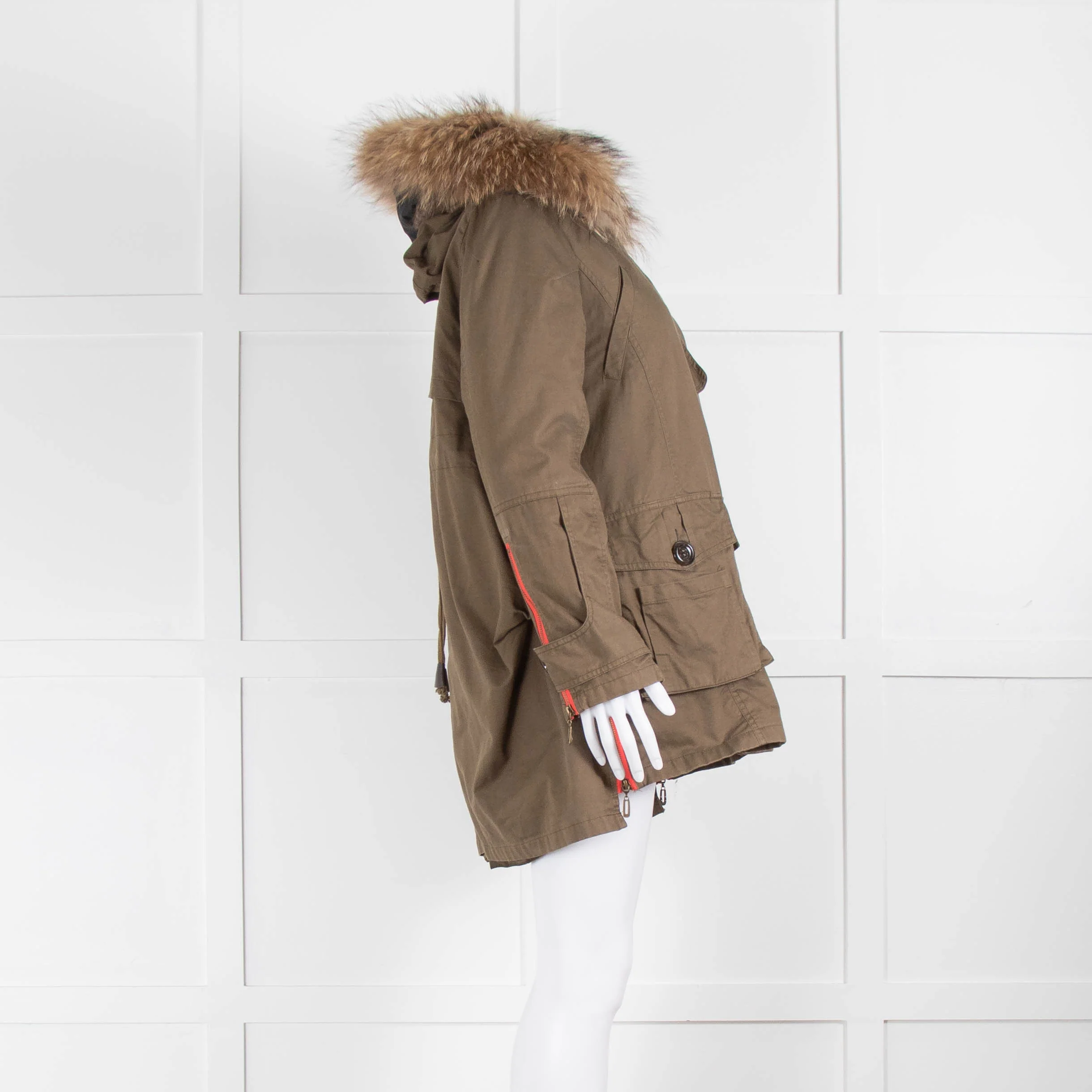 Popski London Khaki Parka With Detachable Lining And Fur Trim Hood - Image 3