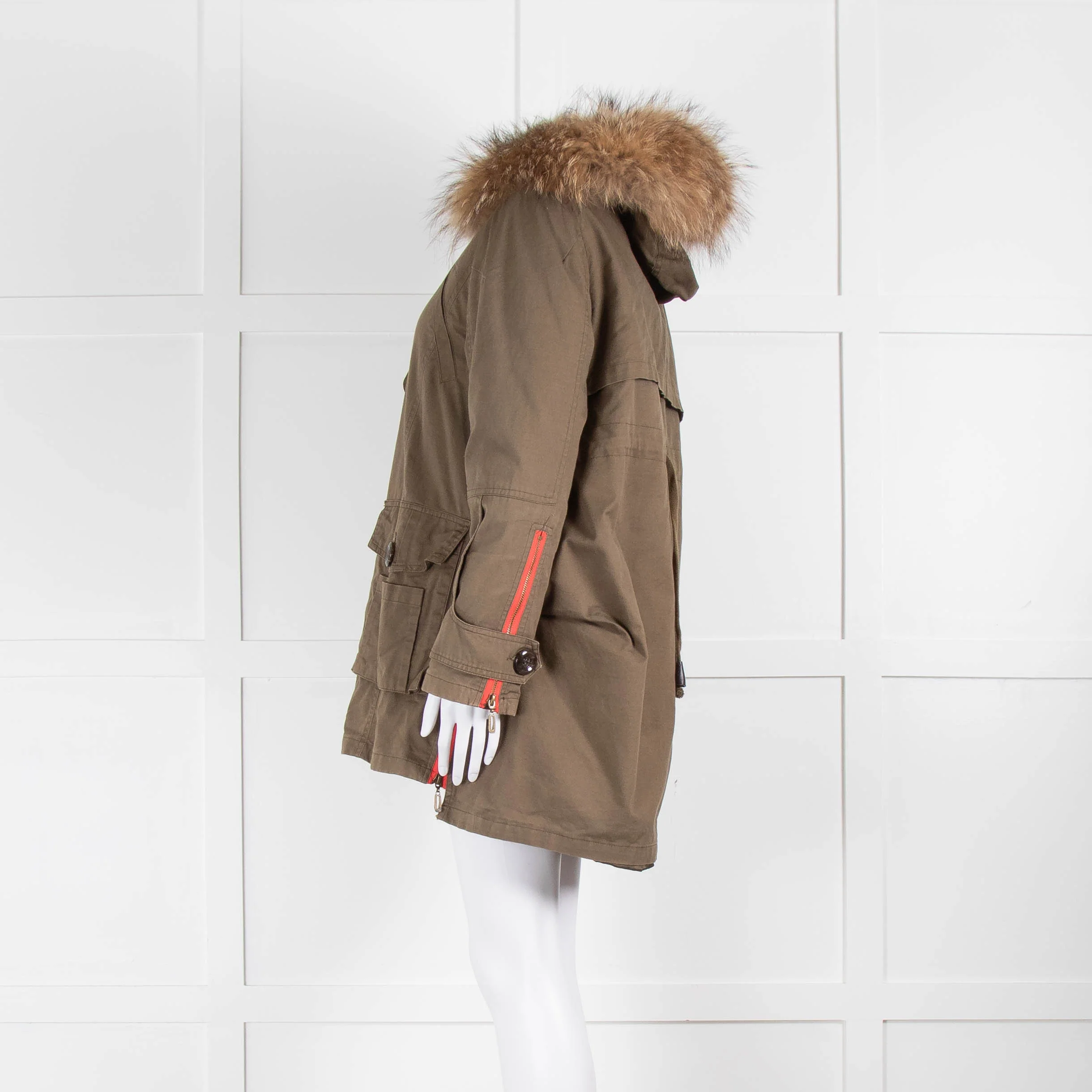 Popski London Khaki Parka With Detachable Lining And Fur Trim Hood - Image 7
