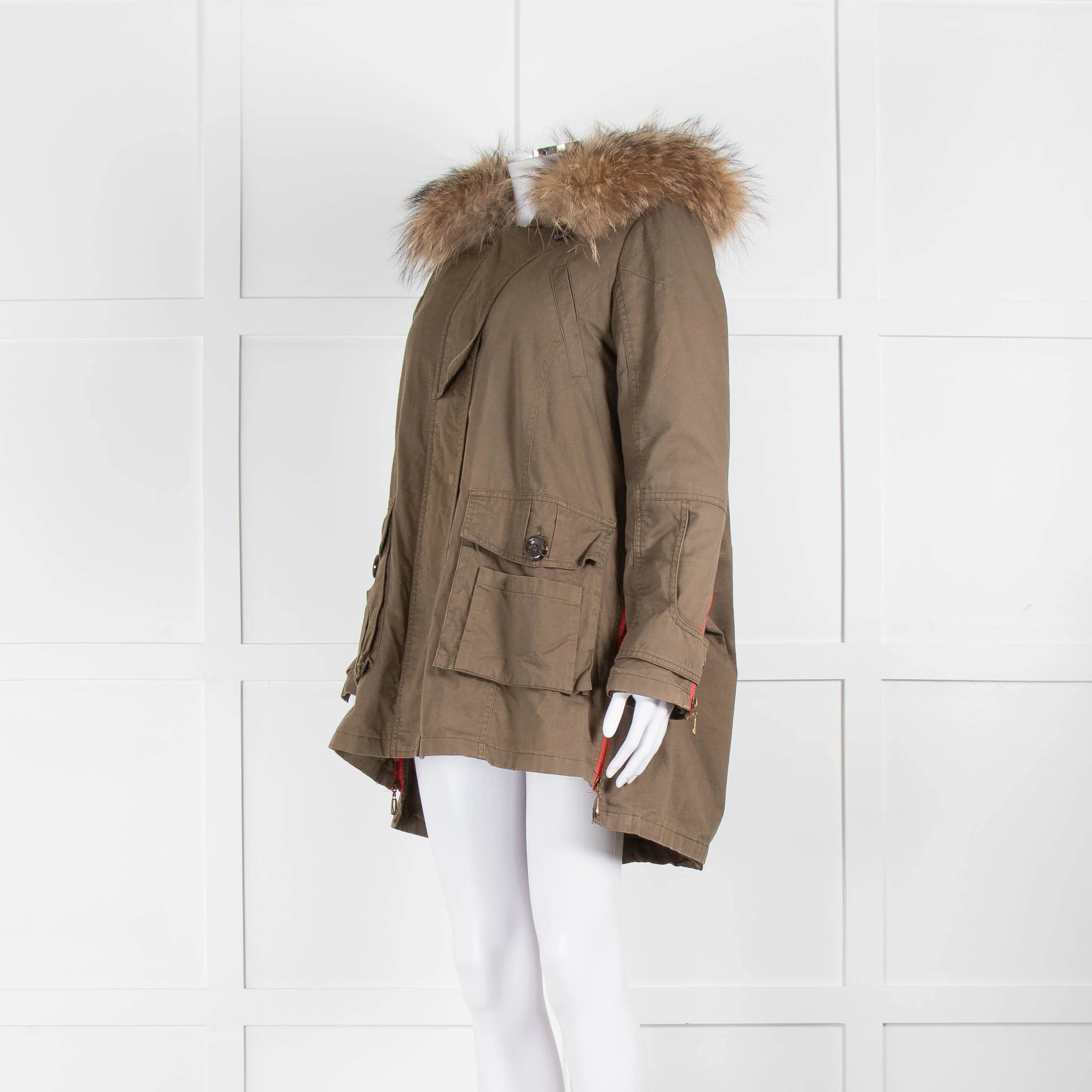 Popski London Khaki Parka With Detachable Lining And Fur Trim Hood - Image 8