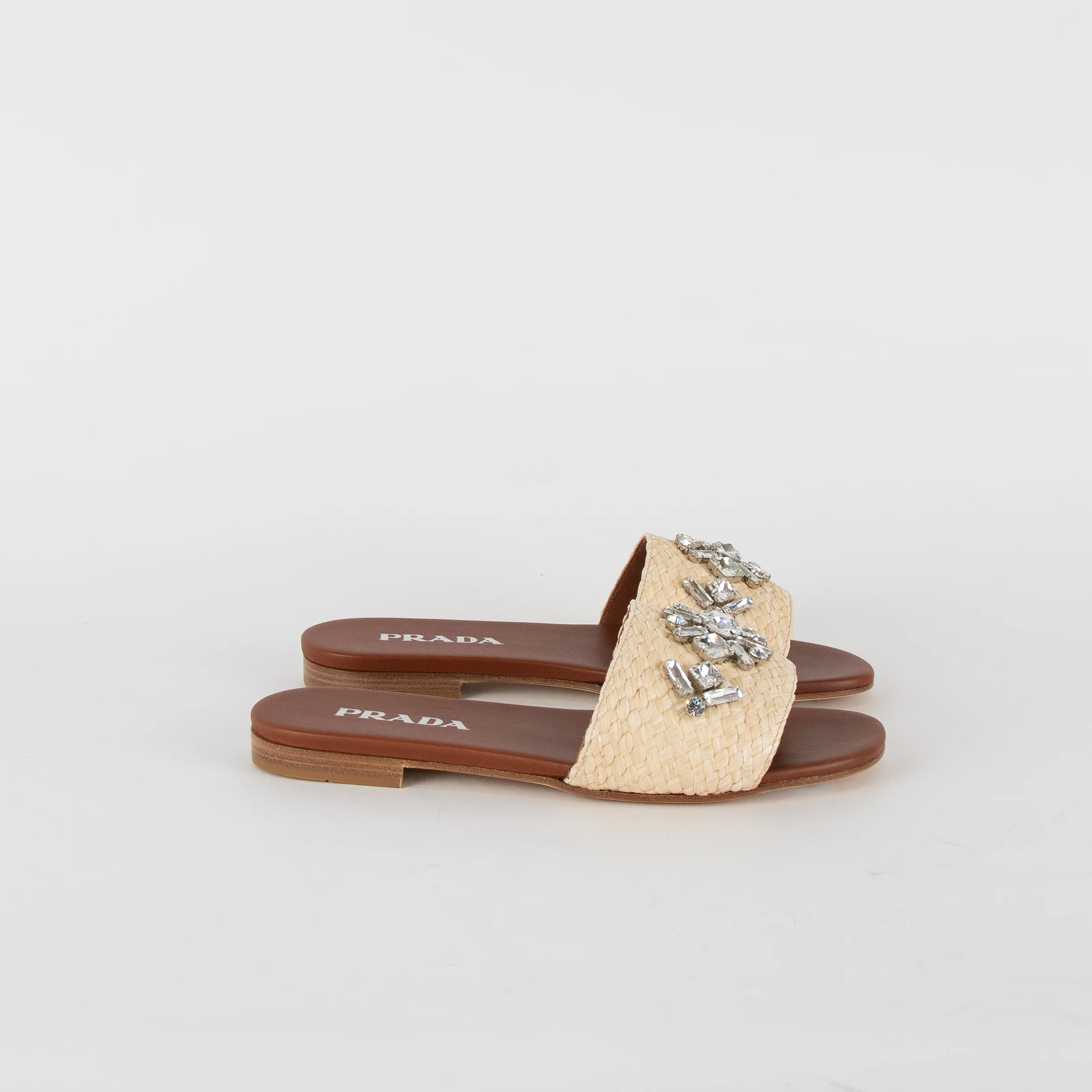 Prada Beige Crystal Embellished Raffia Slides - Image 7