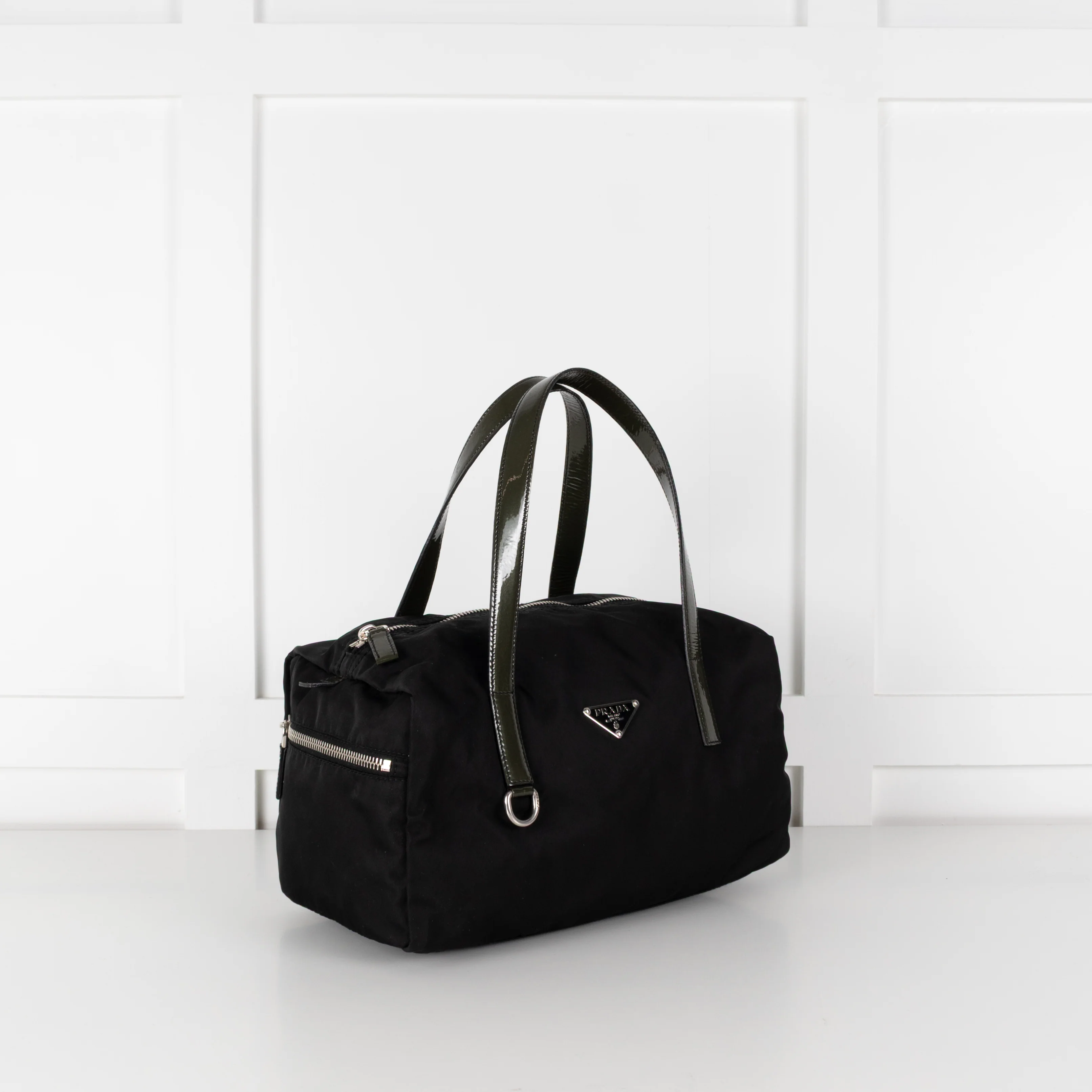 Prada Black Boston Nylon With Green Patent Leather Handles Mini Bag - Image 2