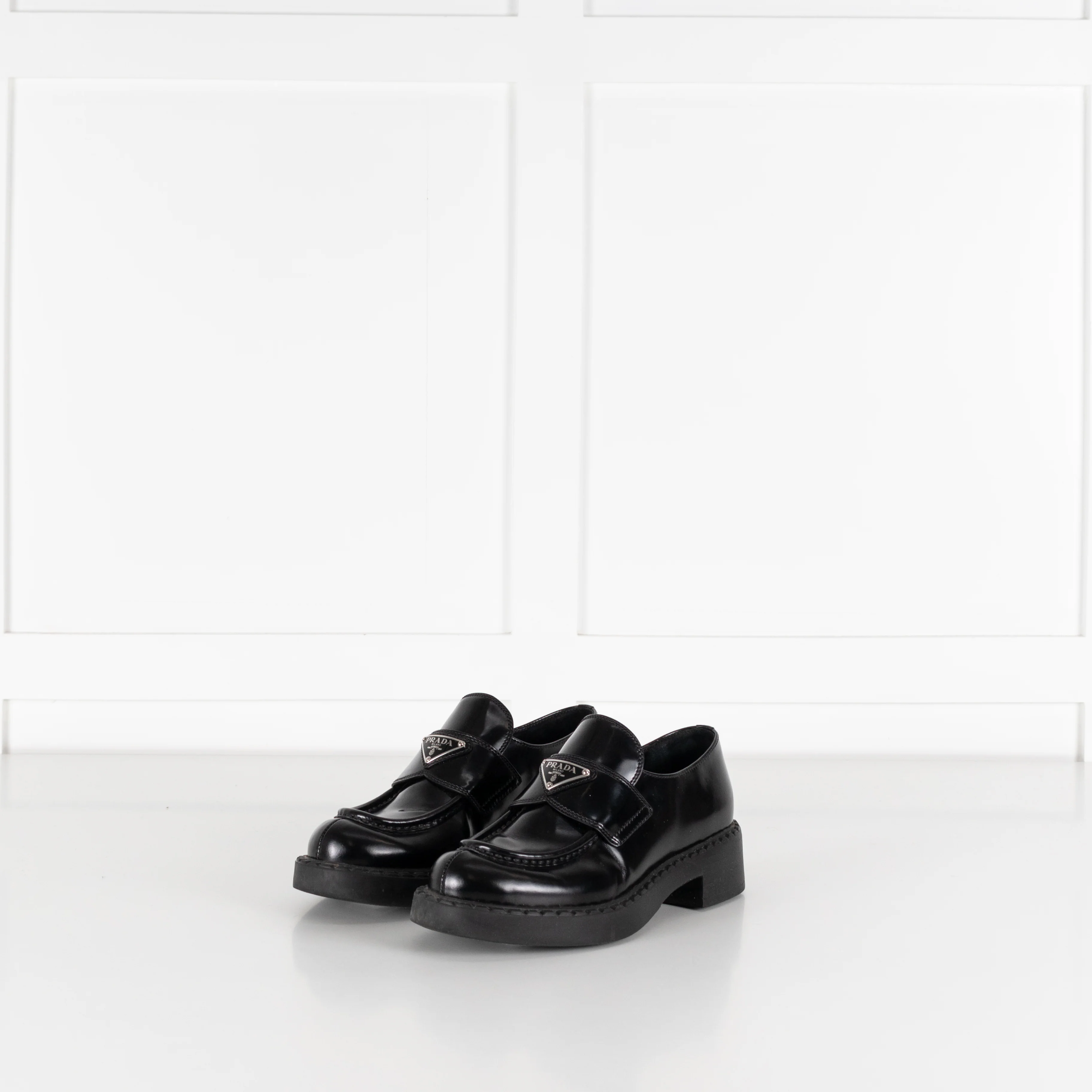 Prada Black Brushed Leather Logo Loafers