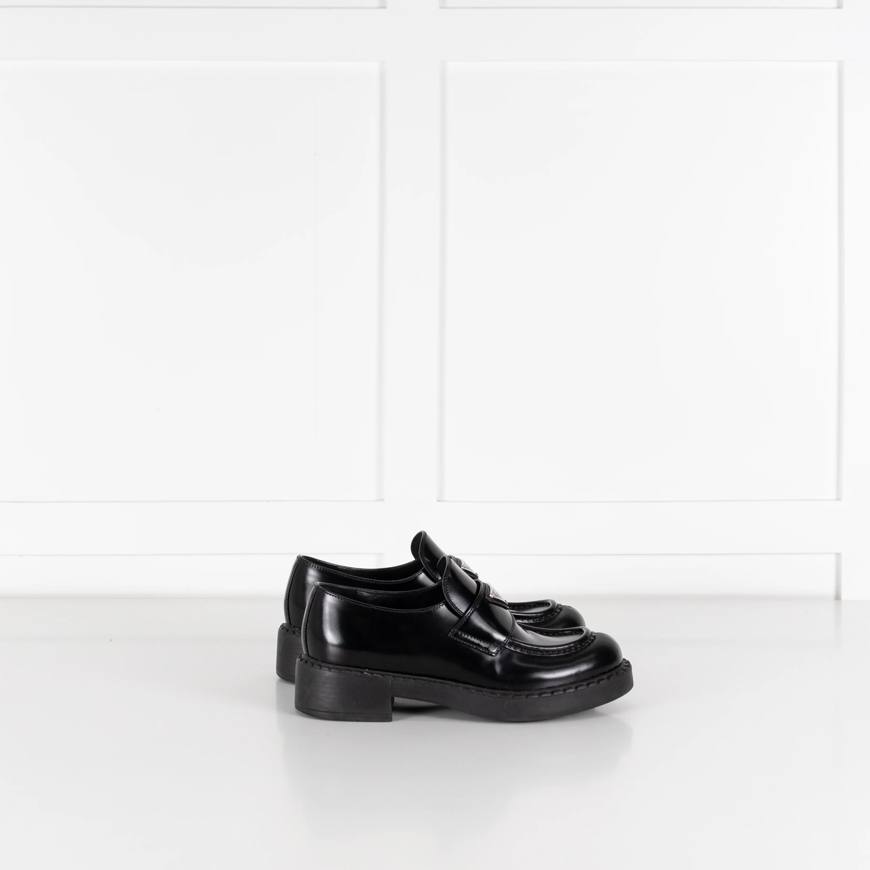 Prada Black Brushed Leather Logo Loafers - Image 6
