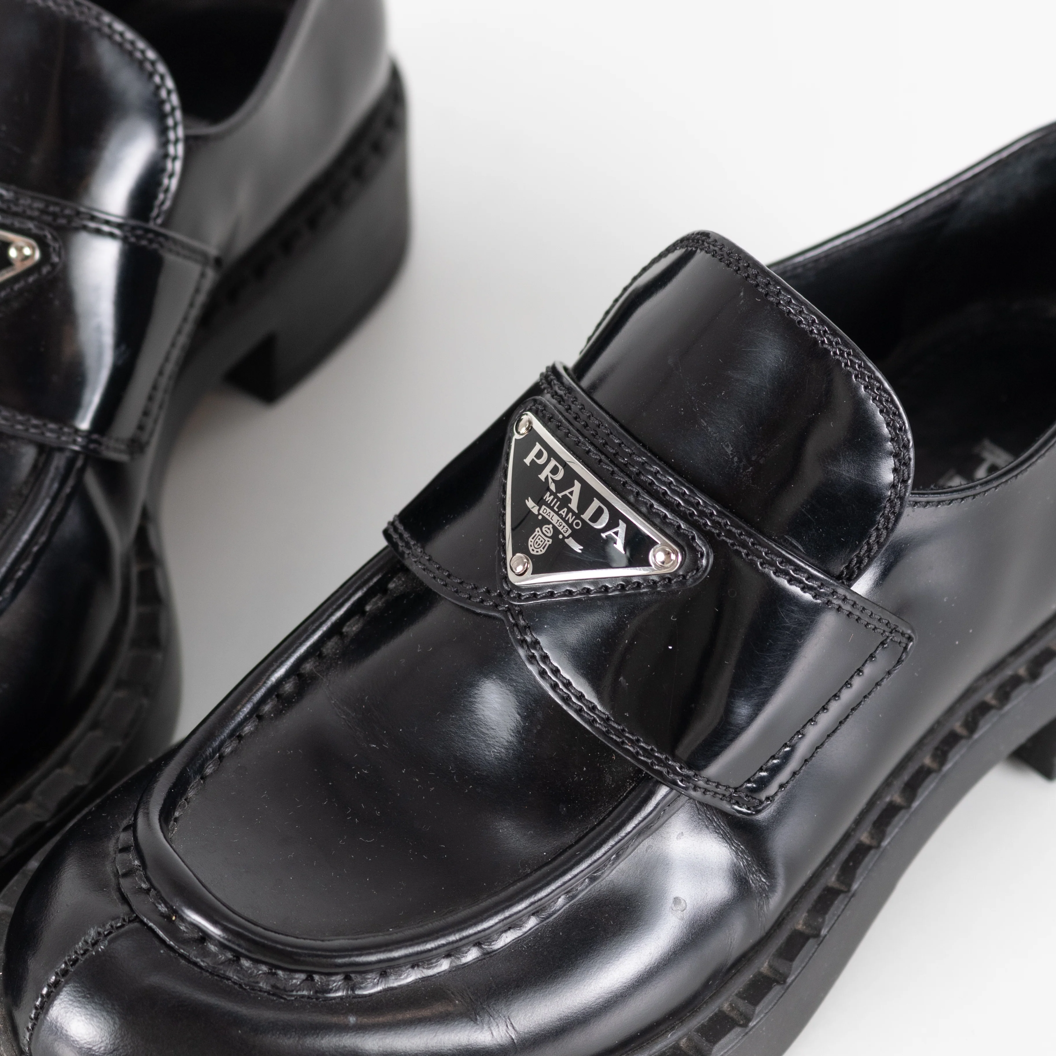 Prada Black Brushed Leather Logo Loafers - Image 9