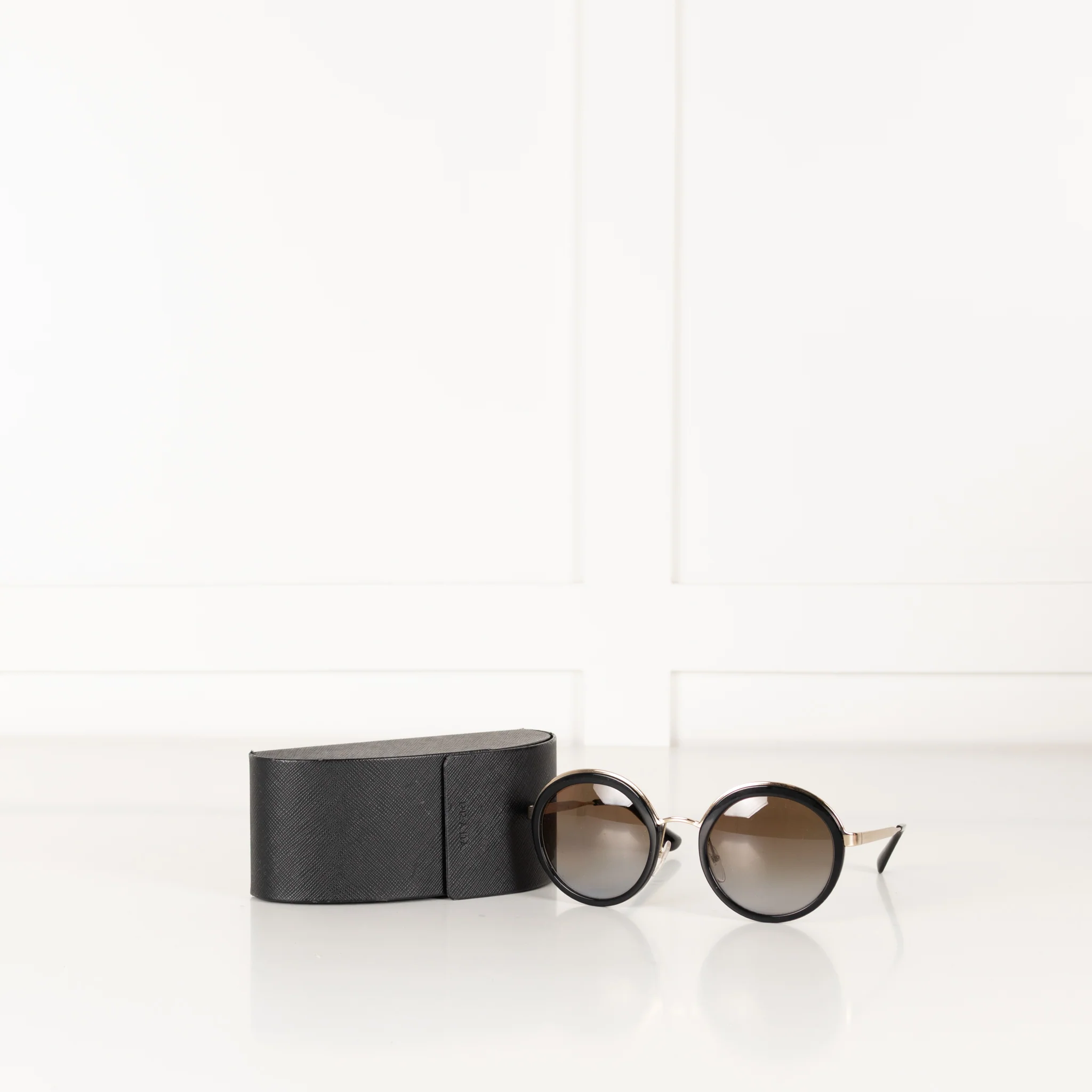 Prada Black & Gold Round Frame Sunglasses - Image 2