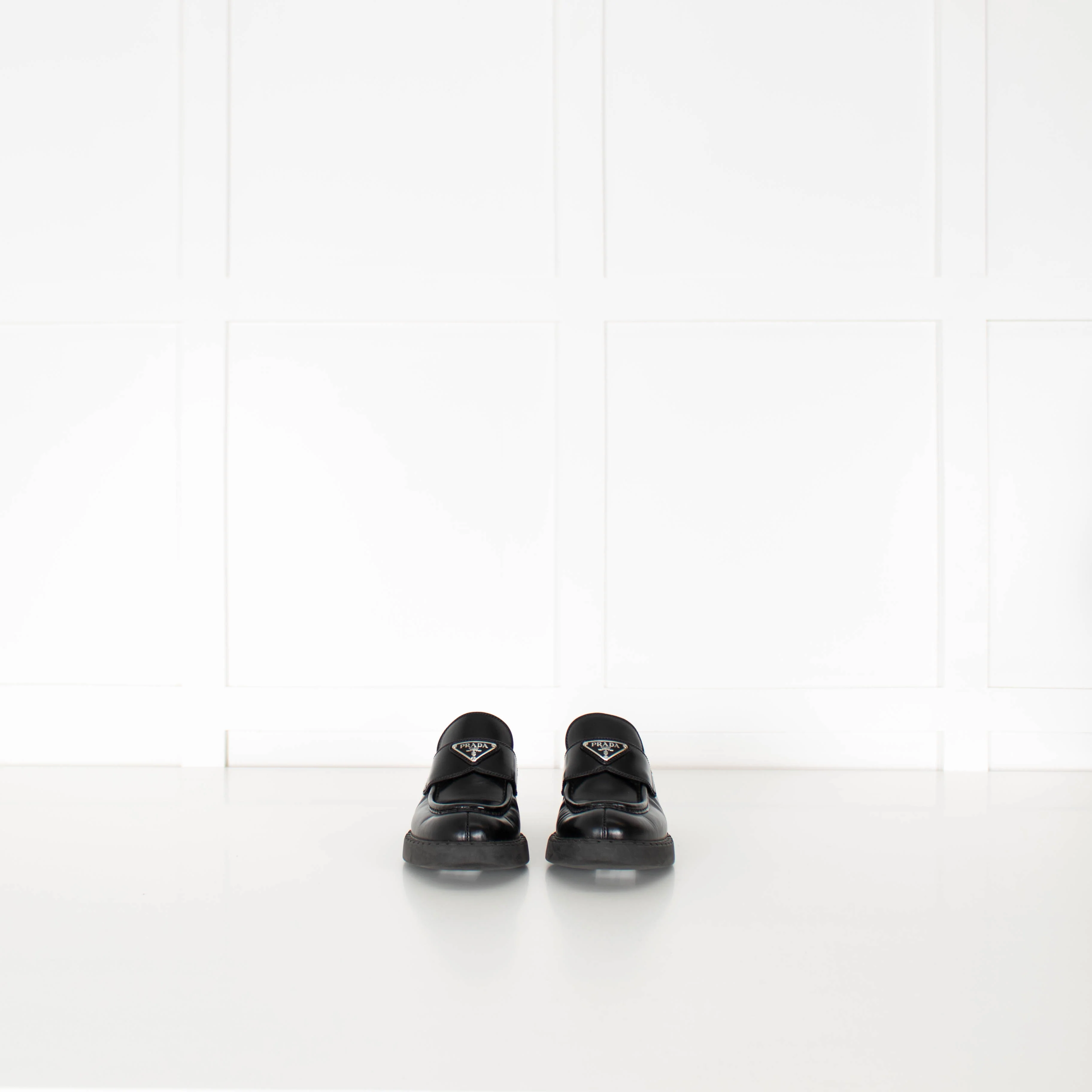 Prada Black Leather Logo Platform Loafers - Image 2