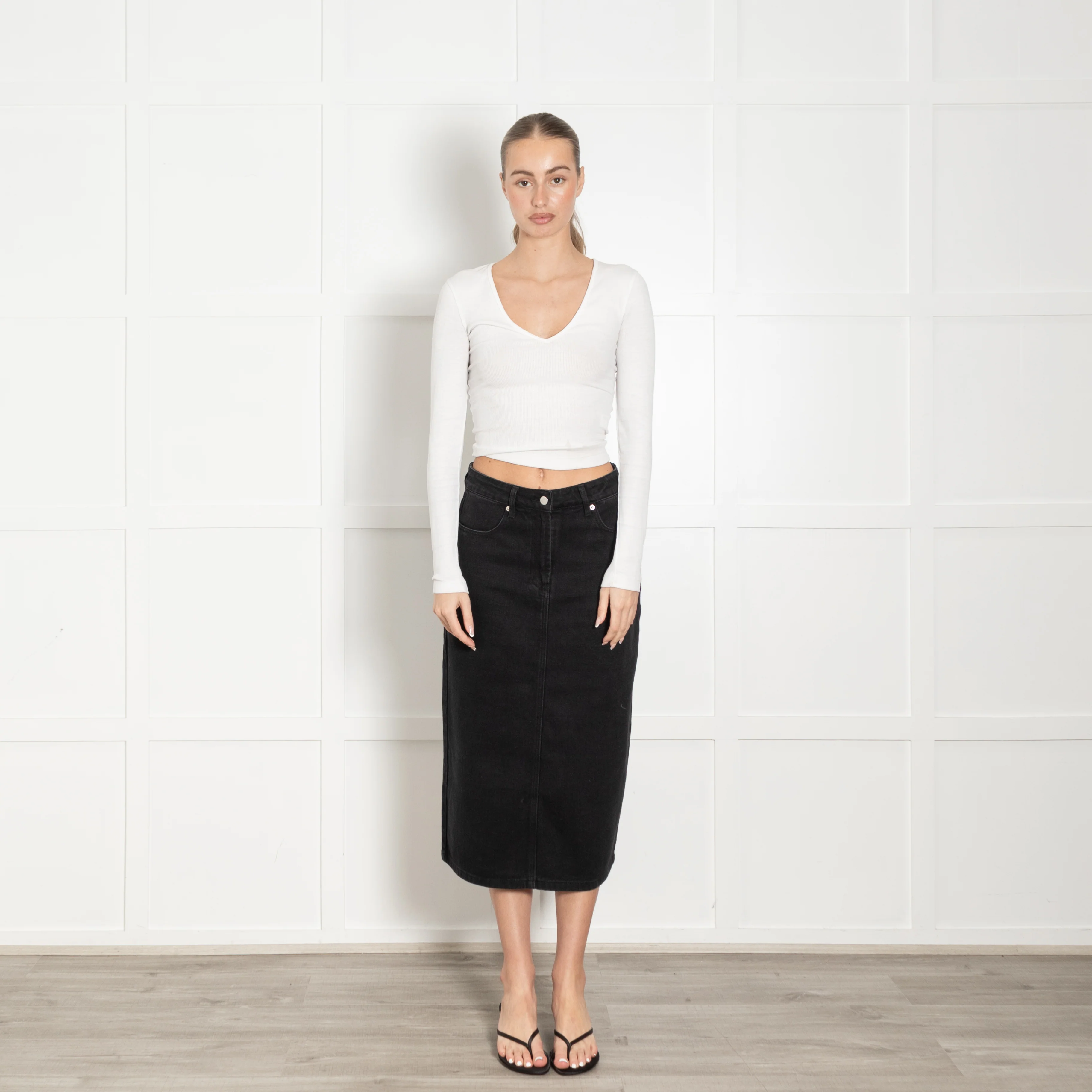 Prada Black Polyester Cotton Denim Long Skirt