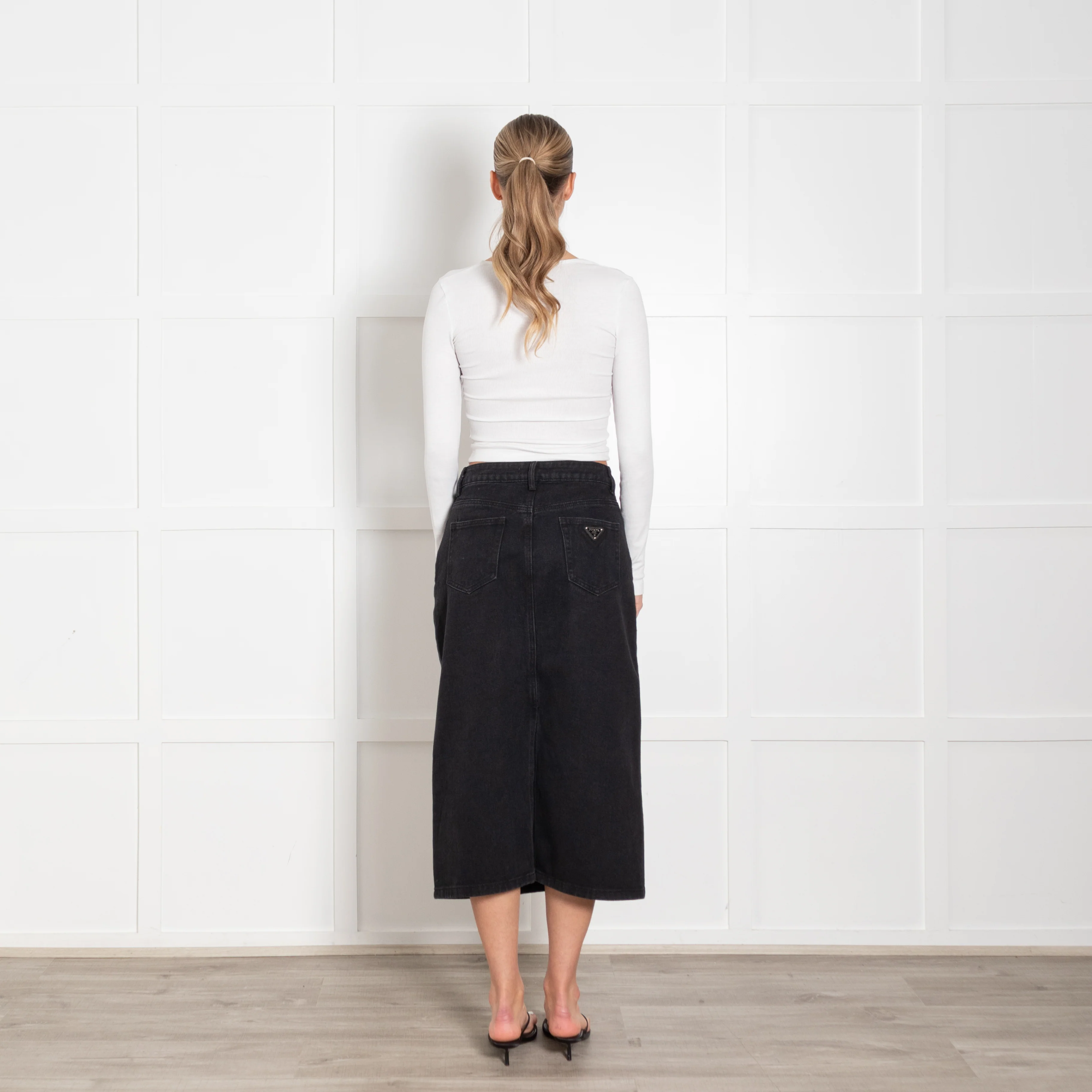 Prada Black Polyester Cotton Denim Long Skirt - Image 5