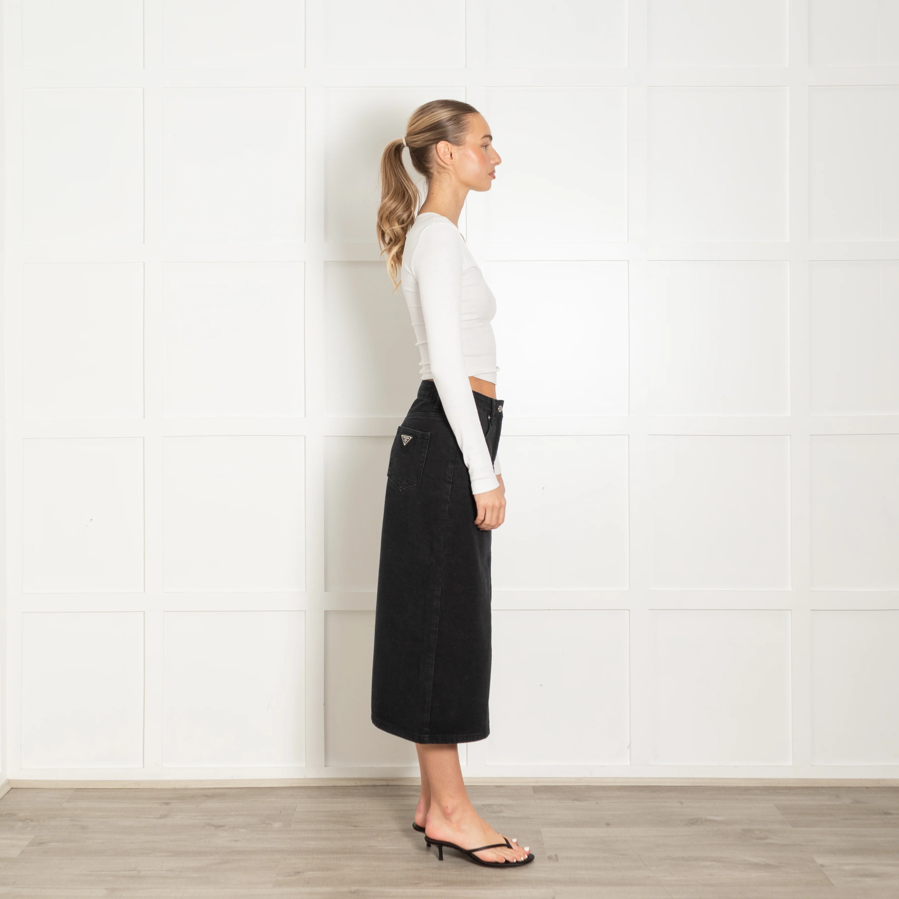 Prada Black Polyester Cotton Denim Long Skirt - Image 6