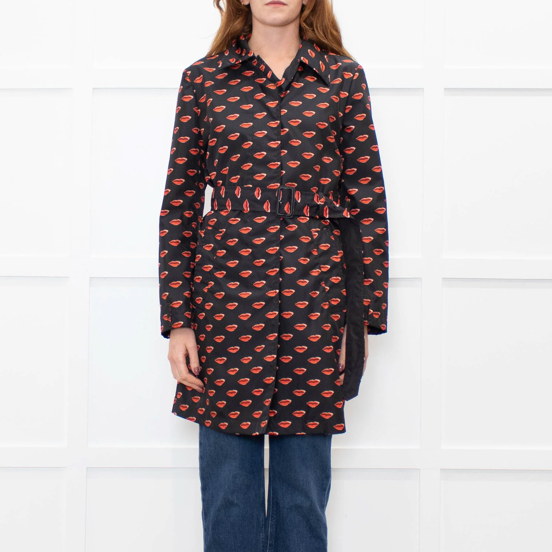 Prada Black Red Lip Print Belted Nylon Trench Coat - Image 2