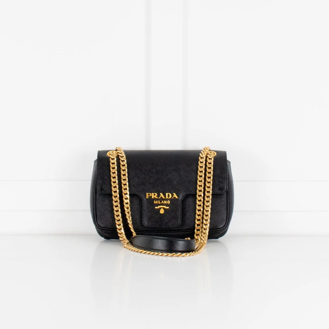 Prada Black Saffiano Pattina Flap Gold Chain Shoulder Bag - Image 2