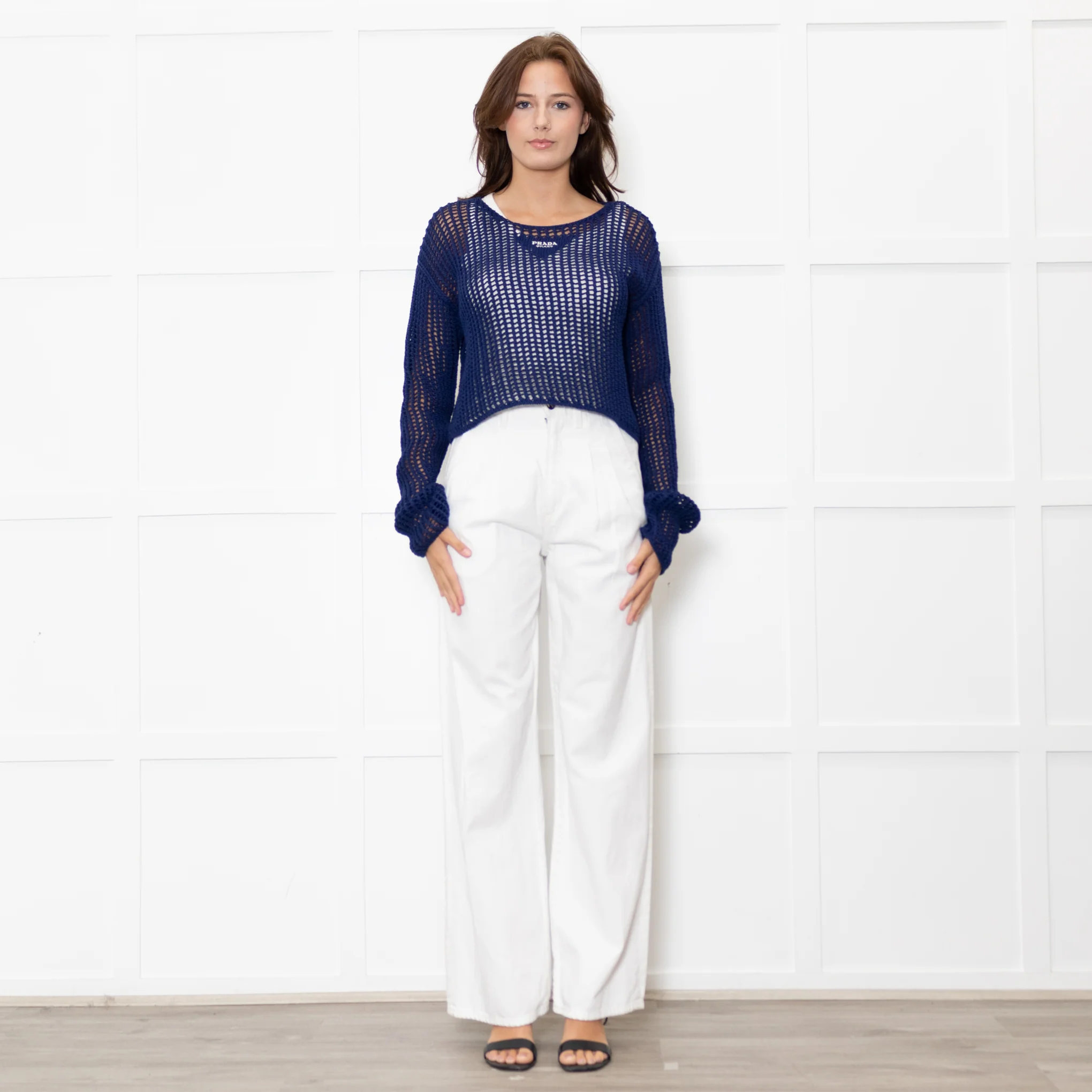 Prada Blue Crochet Knit Logo Long Sleeve Top