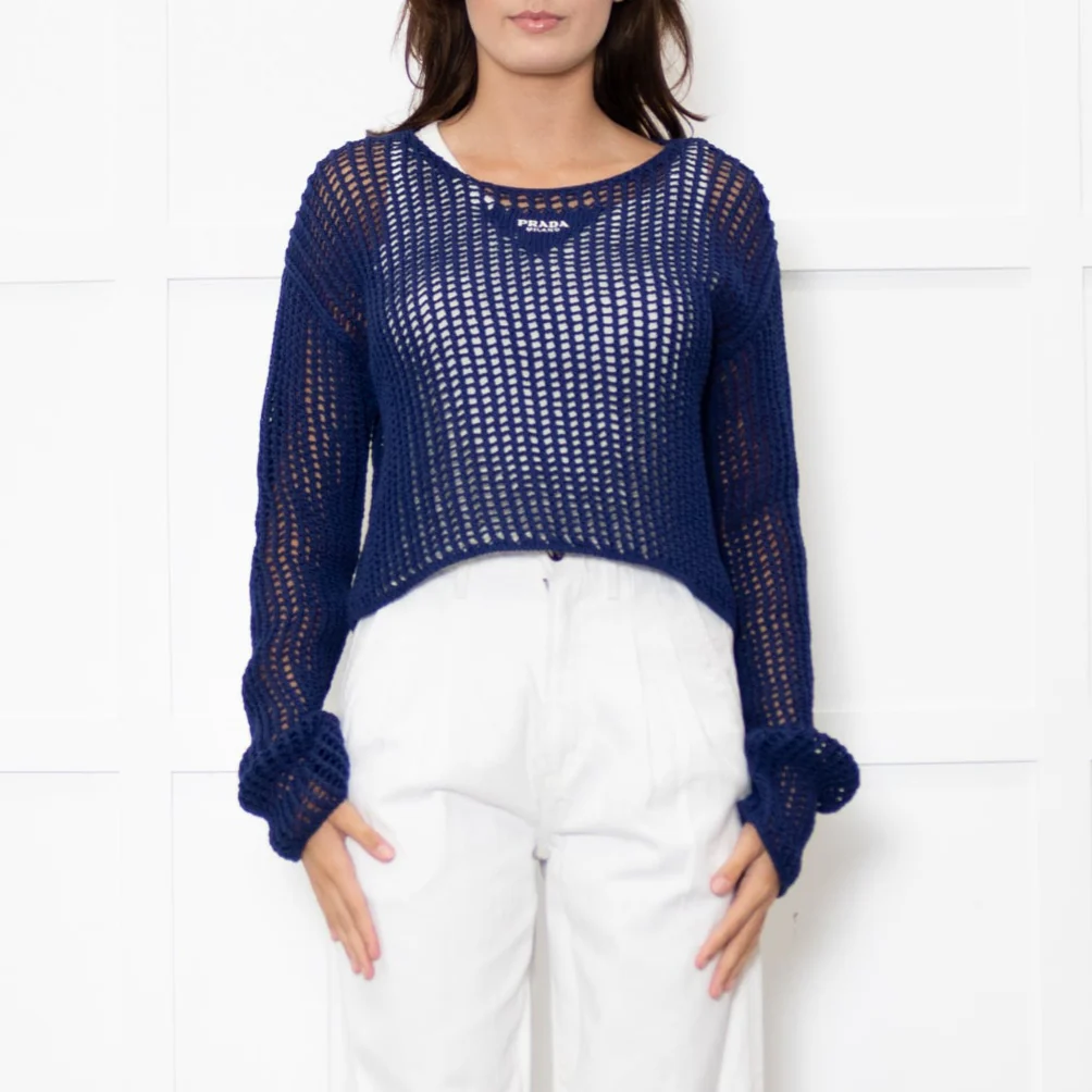 Prada Blue Crochet Knit Logo Long Sleeve Top - Image 2