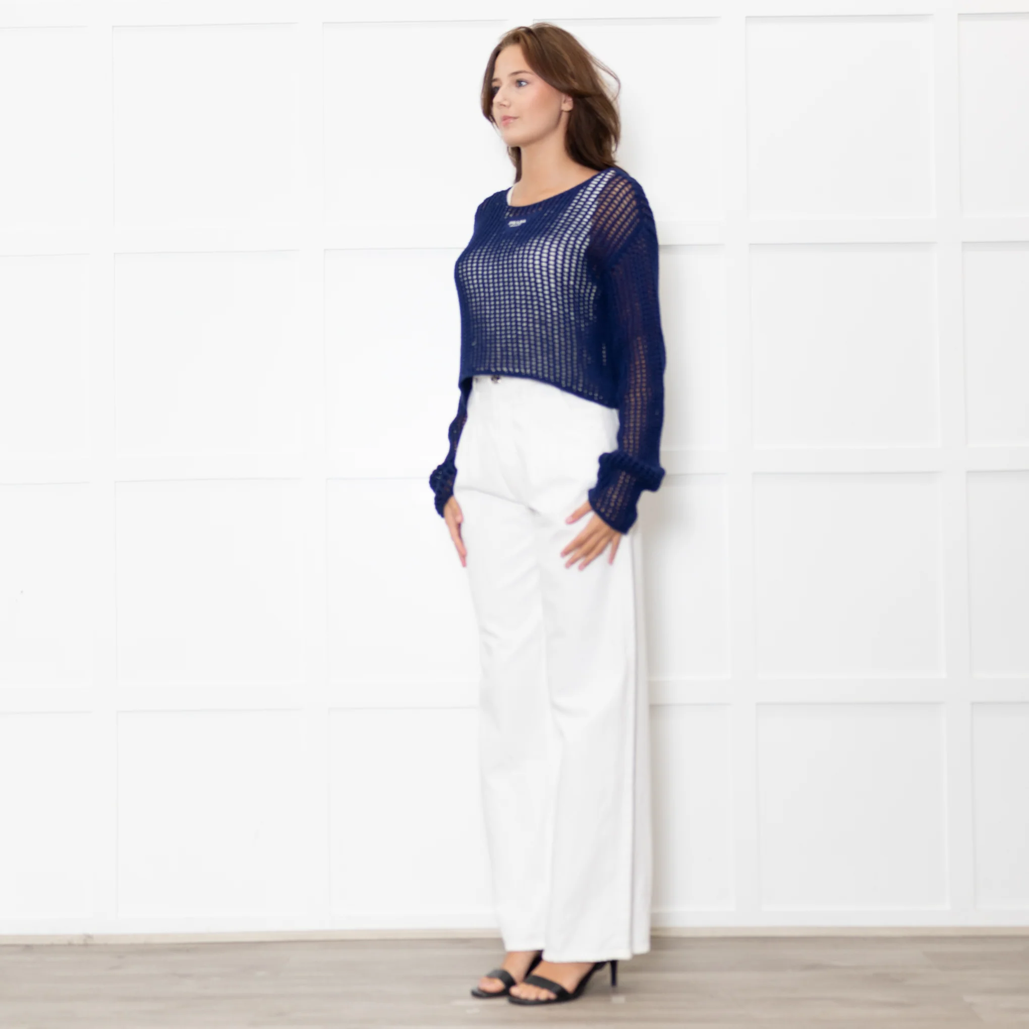 Prada Blue Crochet Knit Logo Long Sleeve Top - Image 3