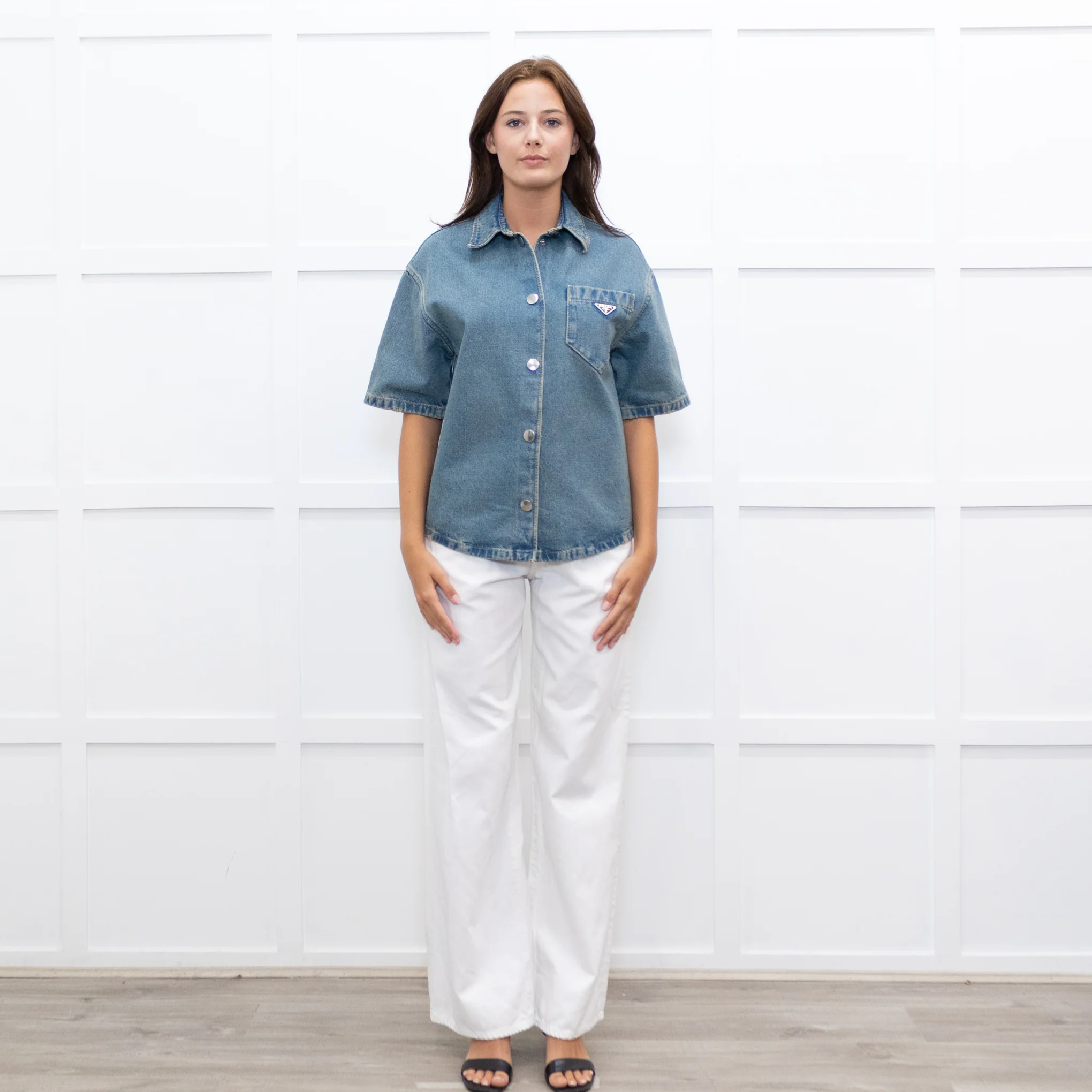 Prada Denim Short Sleeve Shirt with Logo Plaque