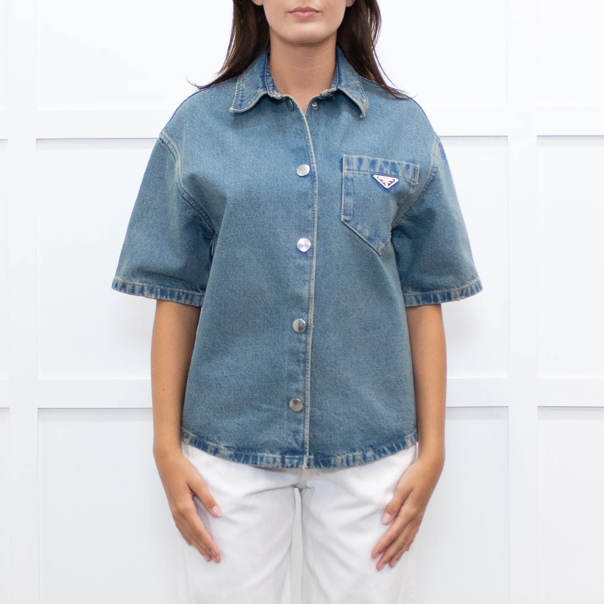 Prada Denim Short Sleeve Shirt with Logo Plaque - Image 2